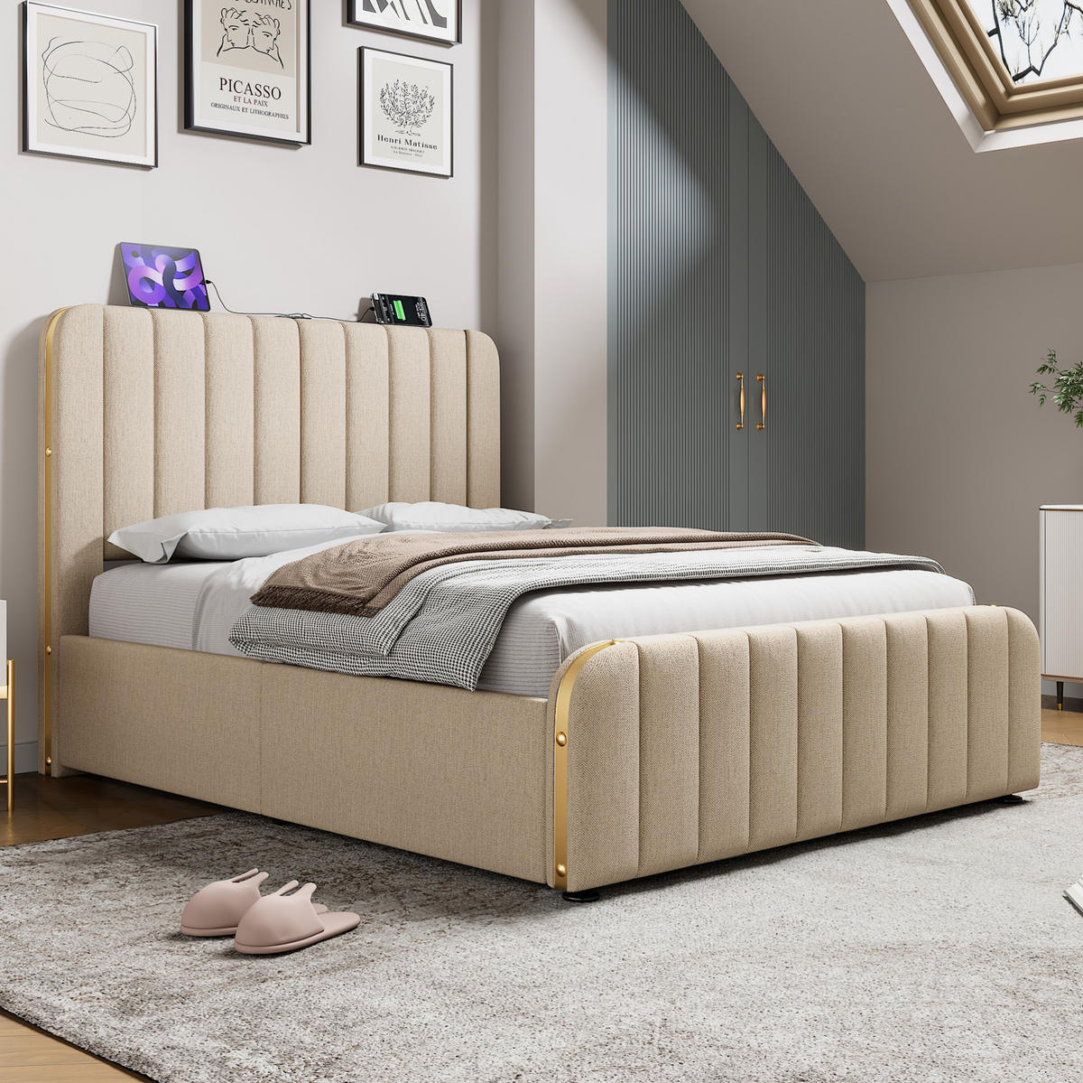 POLSTERBETT 140/200 cm Beige mit hydraulischem Stauraum und USB-Typ-C-Anschlüssen - Beige, Textil (140/200cm) - OKWISH