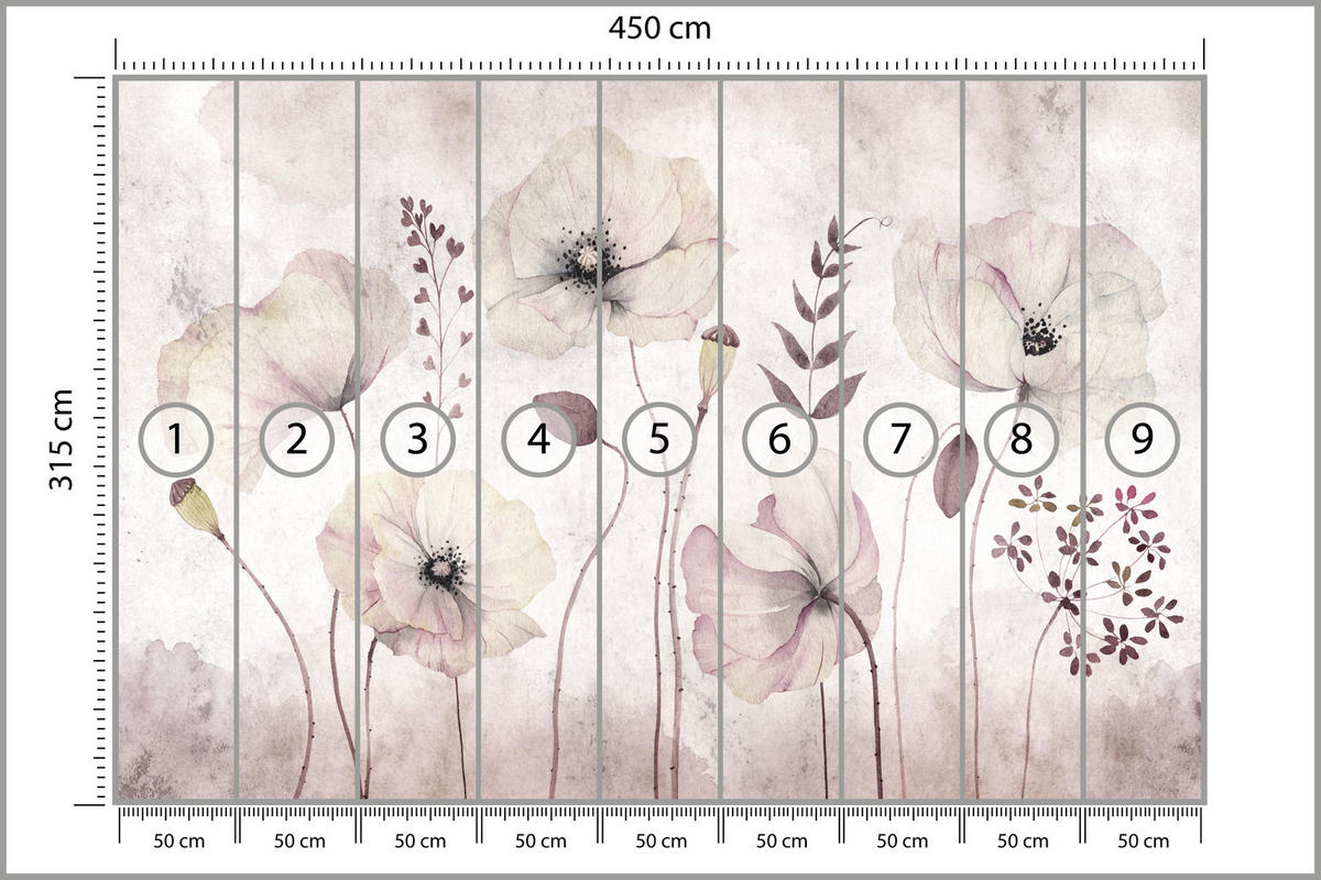 FOTOTAPETE für Schlafzimmer Zarte Mohnblumen Wiese Blumen 450x315 - Violett, Papier (450/315cm) - Muralo