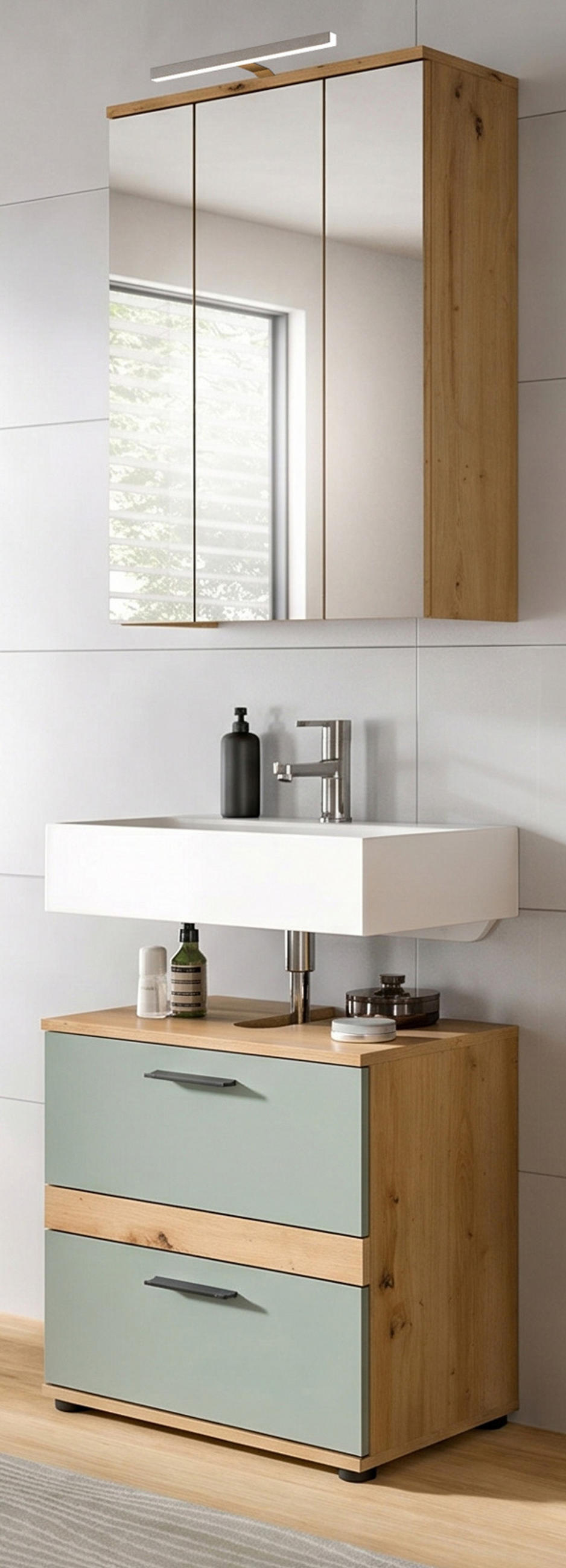 BADMÖBEL-SET Salbei grün, Eiche Artisan 60 cm 2-teilig, Badezimmereinrichtung inklusive LED Beleuchtung - Salbeigrün/Schwarz, Glas/Holzwerkstoff (60/191/34cm) - Inn.Furn