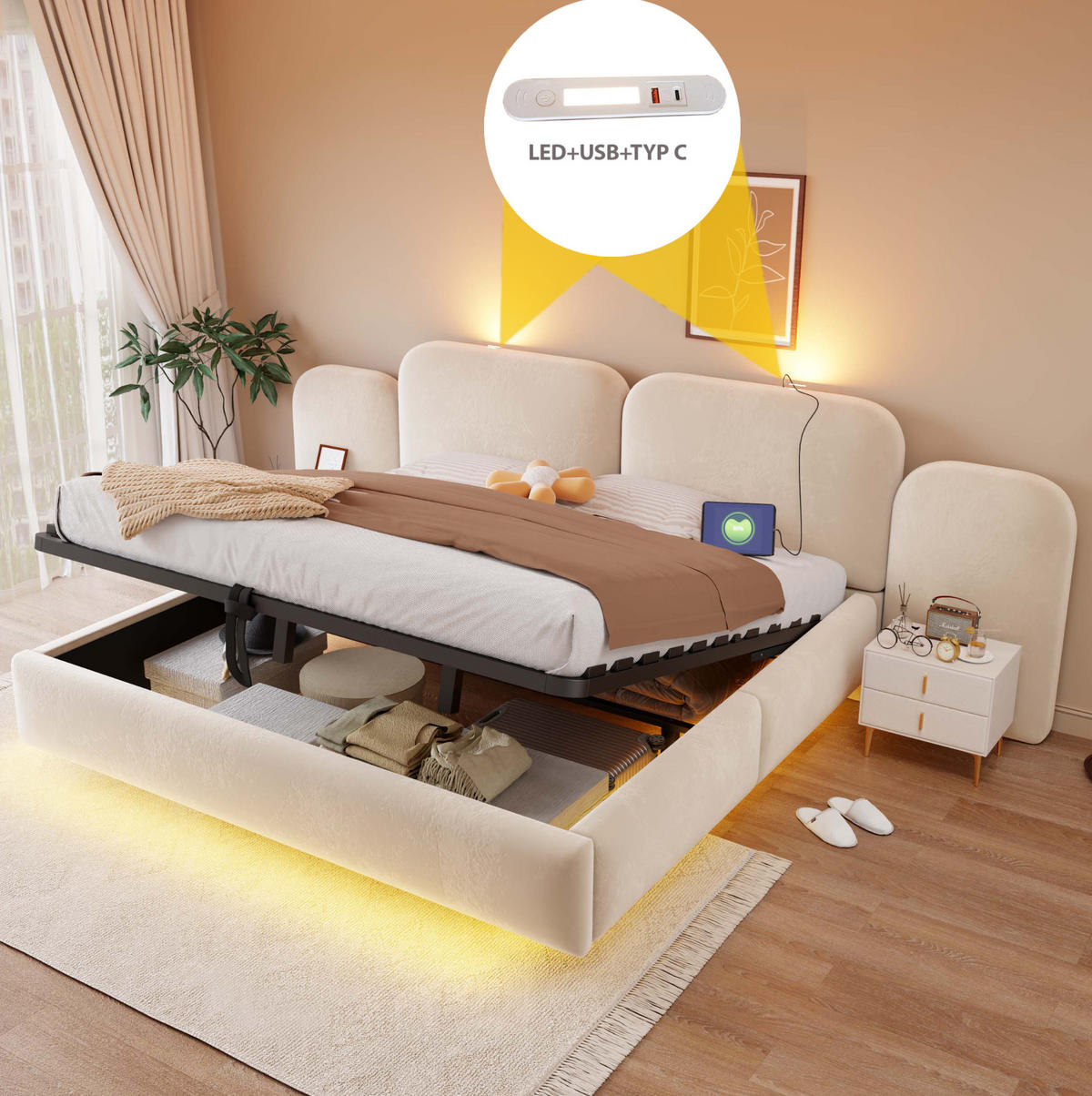 POLSTERBETT aus Samtstoff 180x200 cm Beige mit hydraulischem Bettkasten, RGB-LED und USB-C-Anschluss - Beige, Textil (180/200cm) - Modfu