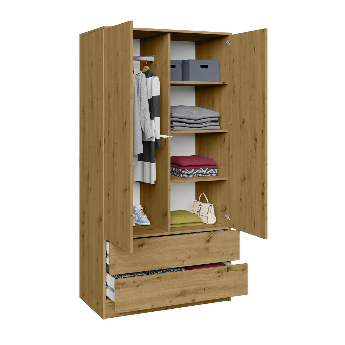 DREHTÜRENSCHRANK Look mit 2 Türen und Schubladen, 90 cm, eiche Artisan - Eiche Artisan, Holzwerkstoff (90/180/50cm) - Beautysofa