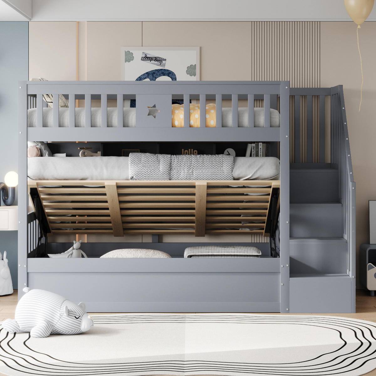 HOCHBETT 90/200 cm aus Holz mit Stauraumtreppe, Regal und Leiter, Grau - Grau, Holz (90/200cm) - OKMYHOME