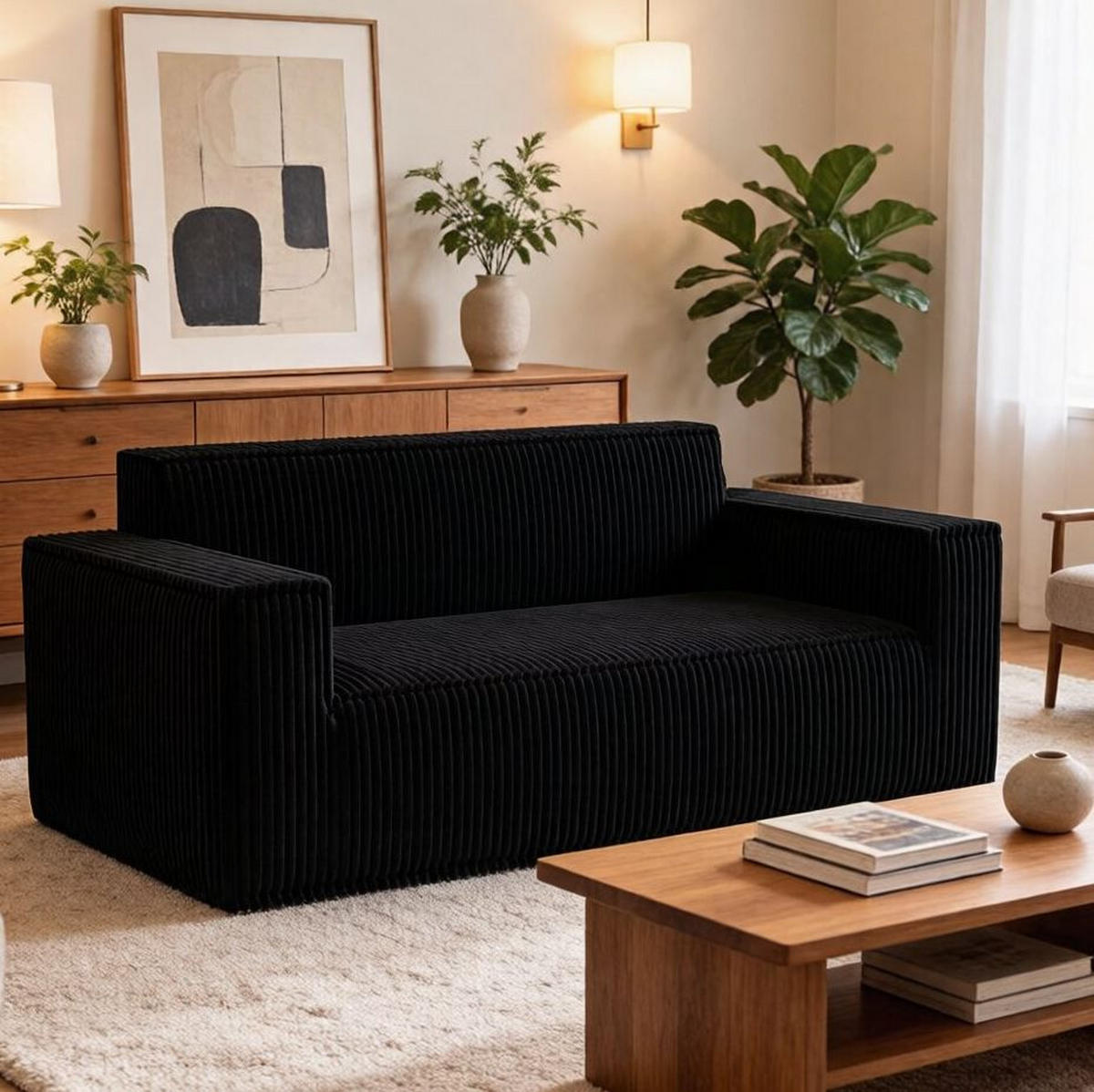 SOFA 2-Sitzer aus Cord mit tiefem Sitz Schwarz - Schwarz, Kunststoff (178/70/86cm) - Meubliv