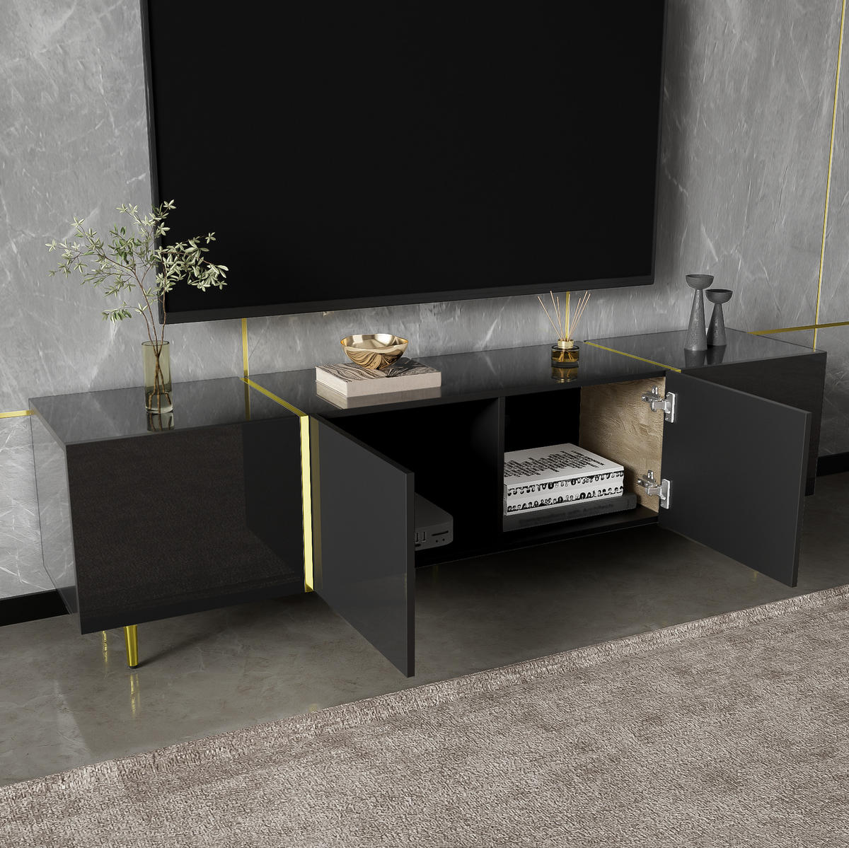 TV stolek 170/35/46 cm s vysokým leskem, 4 dvířky, měkkým dovíráním a úložným prostorem, Černá - černá, kompozitní dřevo (170/46/35cm) - Redom