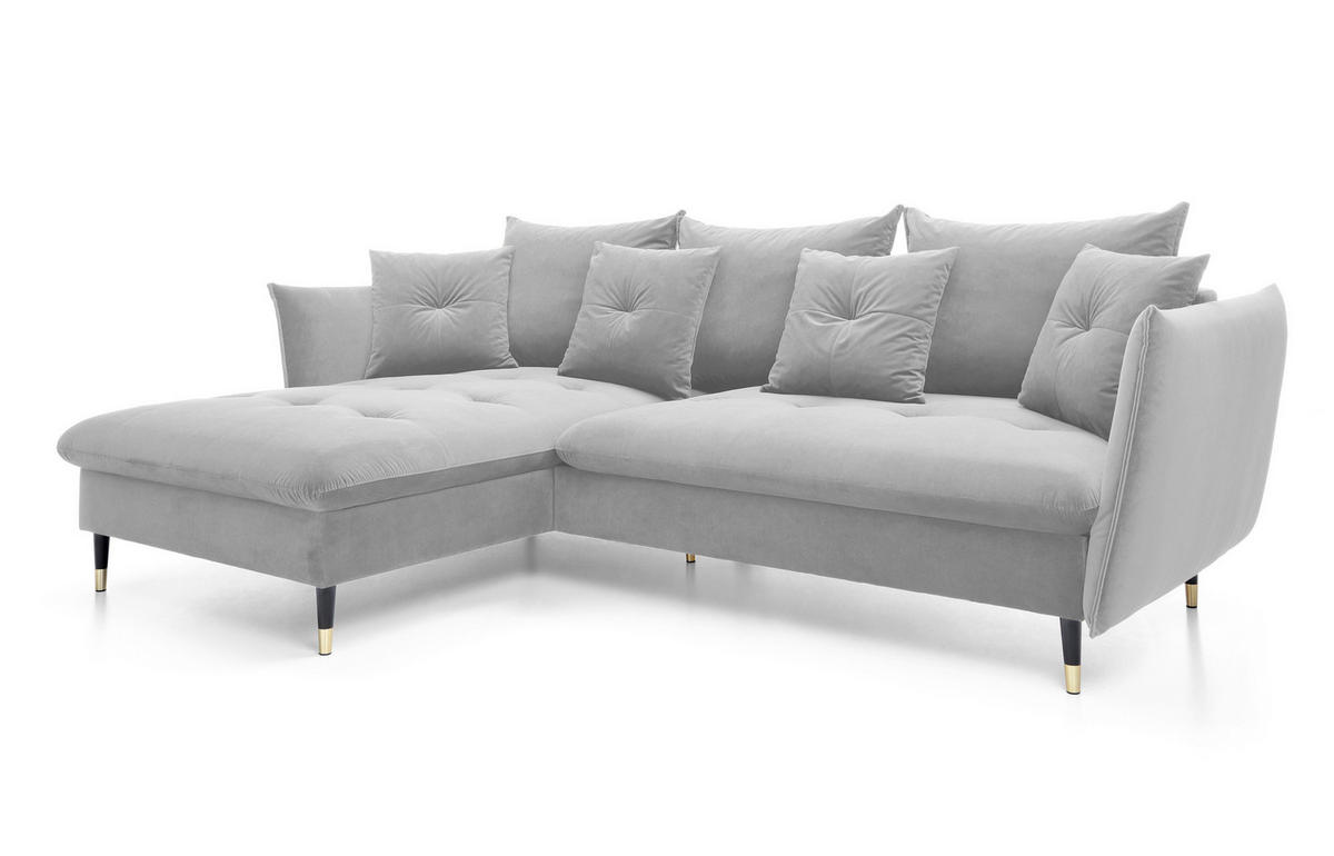 ECKSOFA GLAM mit Schlaffunktion, Ottomane & goldenen Füßen – Samtsofa im Glamour-Stil mit Zierkissen, 258x167x91cm, Linke, HELL GRAU - Hellgrau, Holz/Textil (167/258cm) - DomoHome