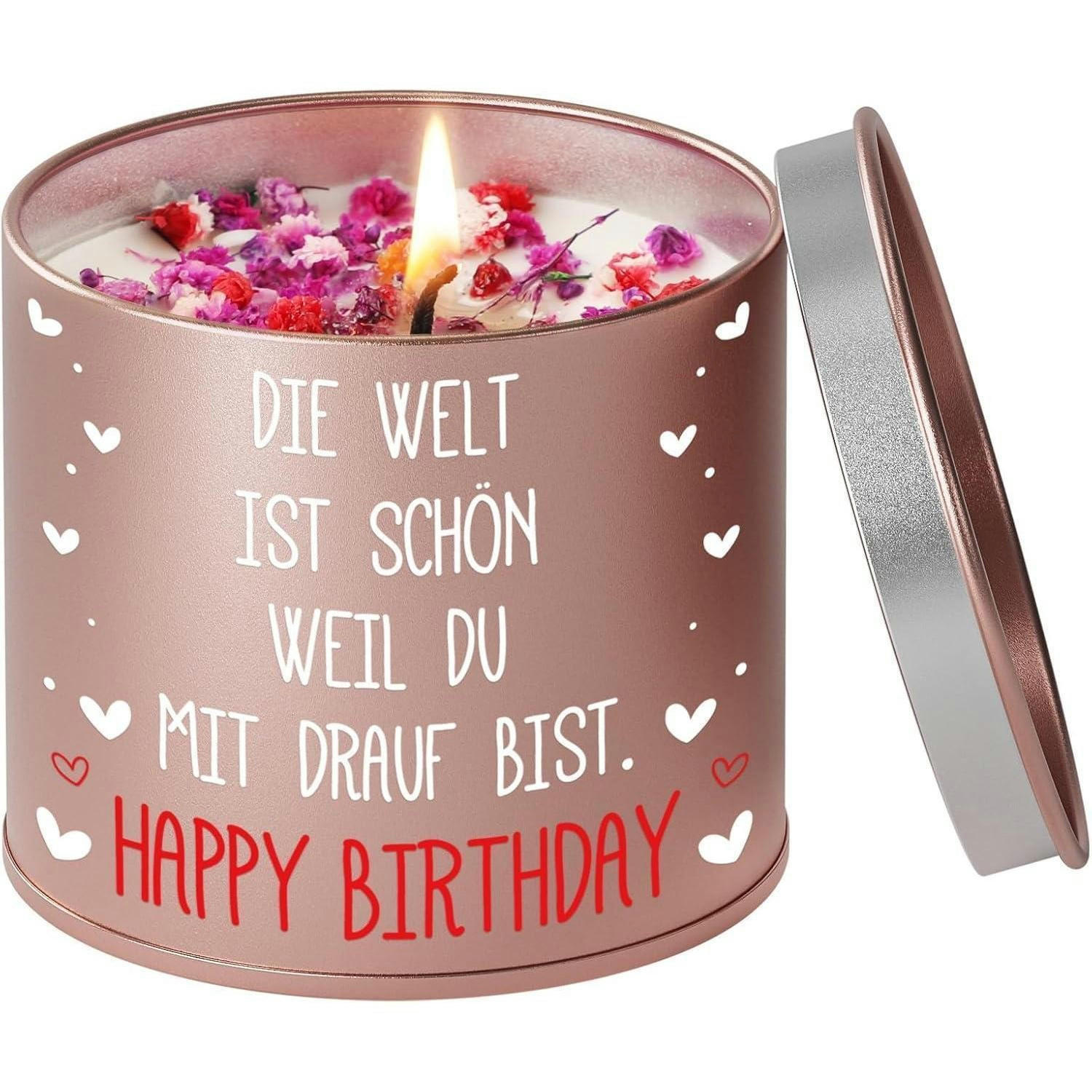 KERZE im Metallbehälter mit Spruch "Die Welt ist schön, weil du mit drauf bist. Happy Birthday" - Rosa, Metall (8.5cm)