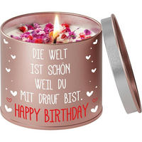 KERZE im Metallbehälter mit Spruch "Die Welt ist schön, weil du mit drauf bist. Happy Birthday" - Rosa, Metall (8.5cm)
