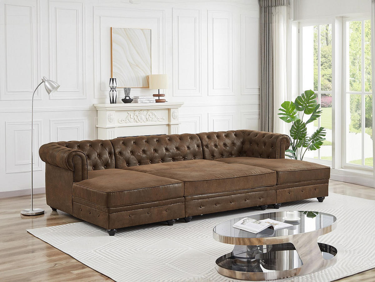 WOHNLANDSCHAFT & Hocker - Mikrofaser - Vintage-Leder-Optik - CHESTERFIELD - Braun, Textil (290/163cm) - Vente-Unique