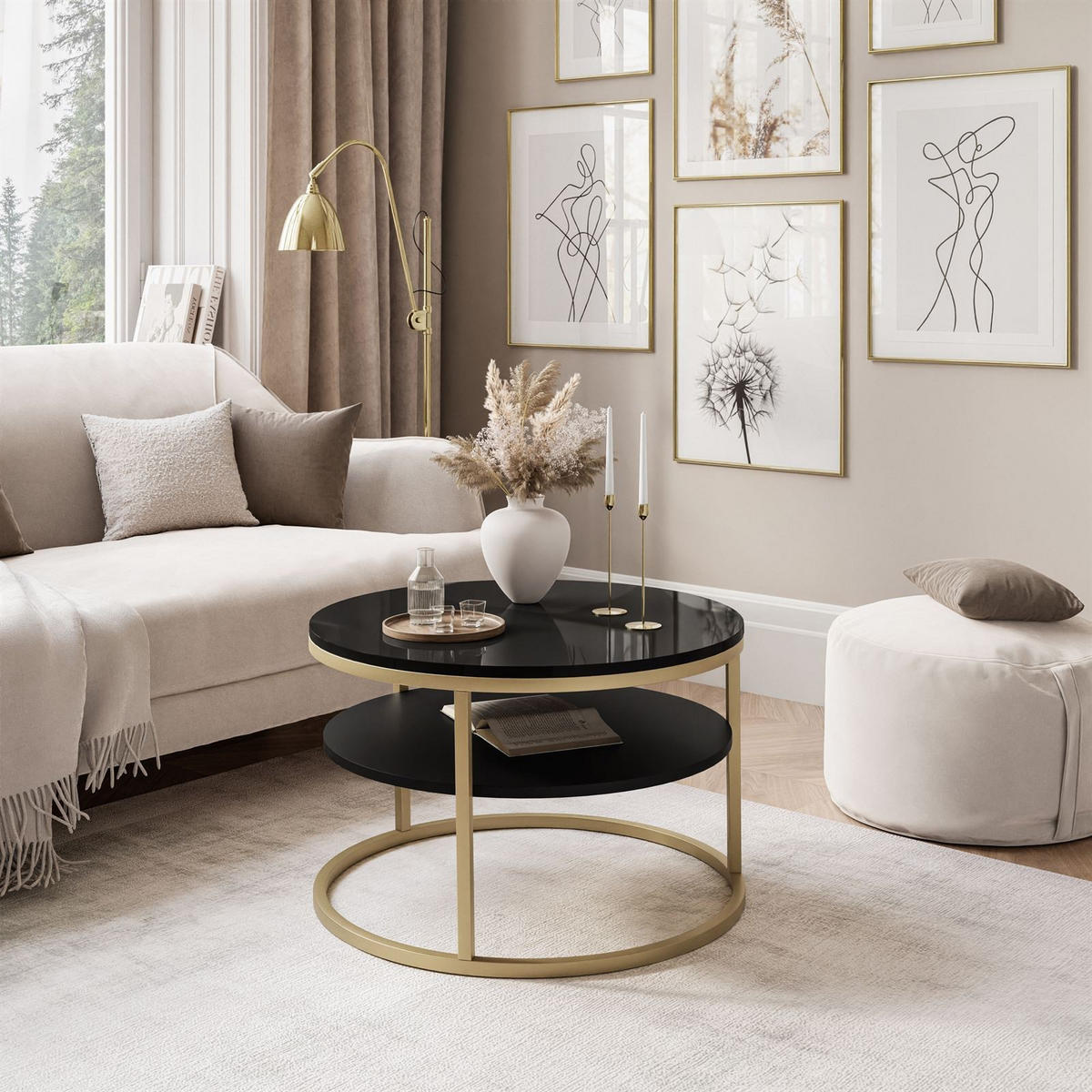 COUCHTISCH CIRI SLIM mit Regal Hochglanz - Goldfarben, Holzwerkstoff (60/60/42cm) - Lookway