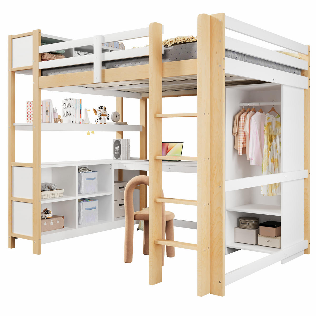 HOCHBETT mit Schreibtisch und Kleiderschrank Natur 140x200 cm Holz - Naturfarben, Holz (140/200cm) - SONNENH