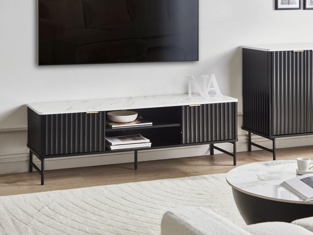 TV-MÖBEL Marmor Optik/Schwarz Glastonbury - Schwarz/Weiß, Holzwerkstoff (140/46/40cm) - Beliani
