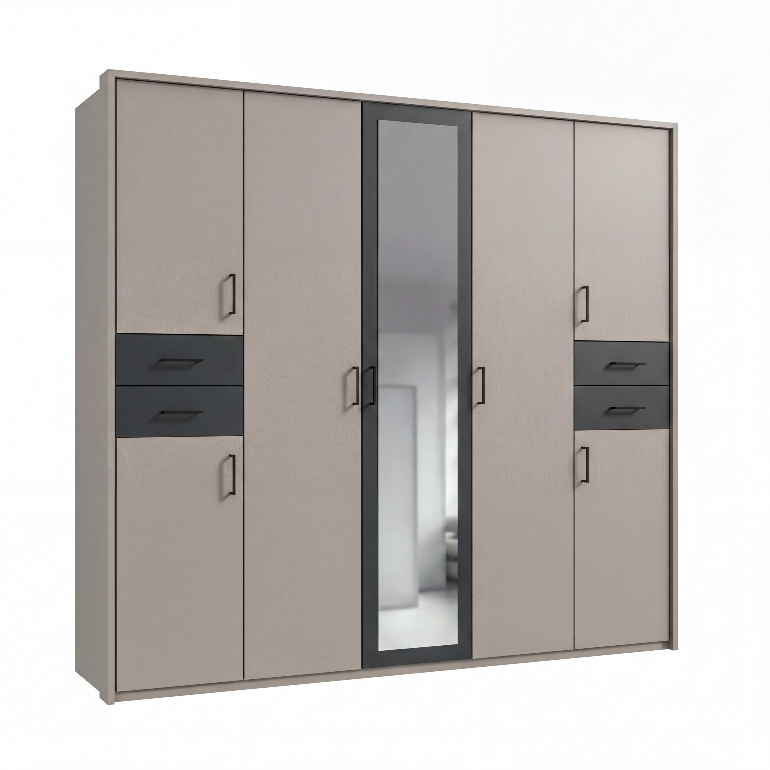 DREHTÜRENSCHRANK Kleiderschrank 228 cm mit Schubkästen & Passepartout & 1 Spiegeltür, Sand Grau mit Absetzungen in Grafit, Griffe schwarz / 22573 - Sandfarben/Graphitfarben, Holzwerkstoff/Metall (228/210/58cm) - luma-home