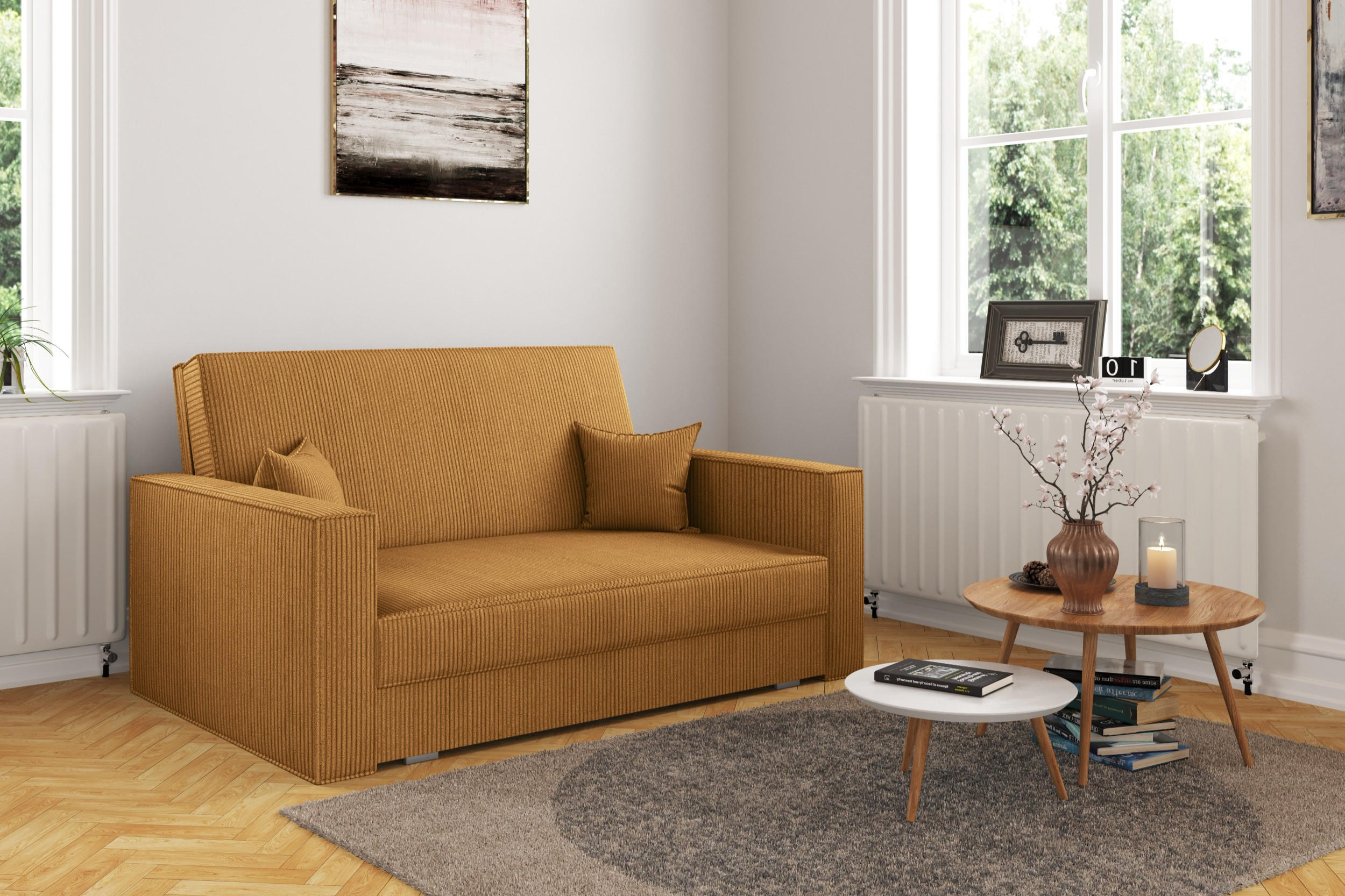 SOFA, Schlaffunktion - America Stoff Poso Senffarbe - Currygelb, Holz (137/77/112cm) - Kaiser Möbel