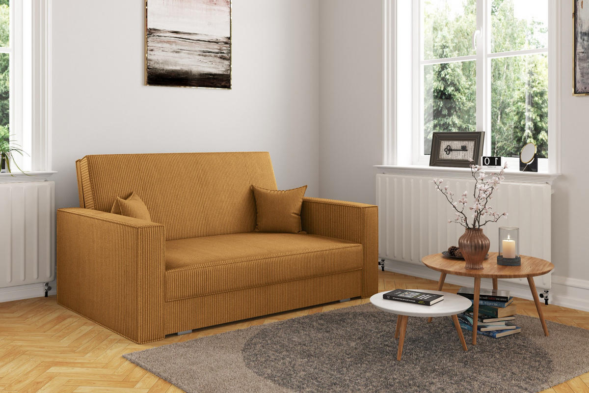 SOFA, Schlaffunktion - America Stoff Poso Senffarbe - Currygelb, Holz (137/77/112cm) - Kaiser Möbel
