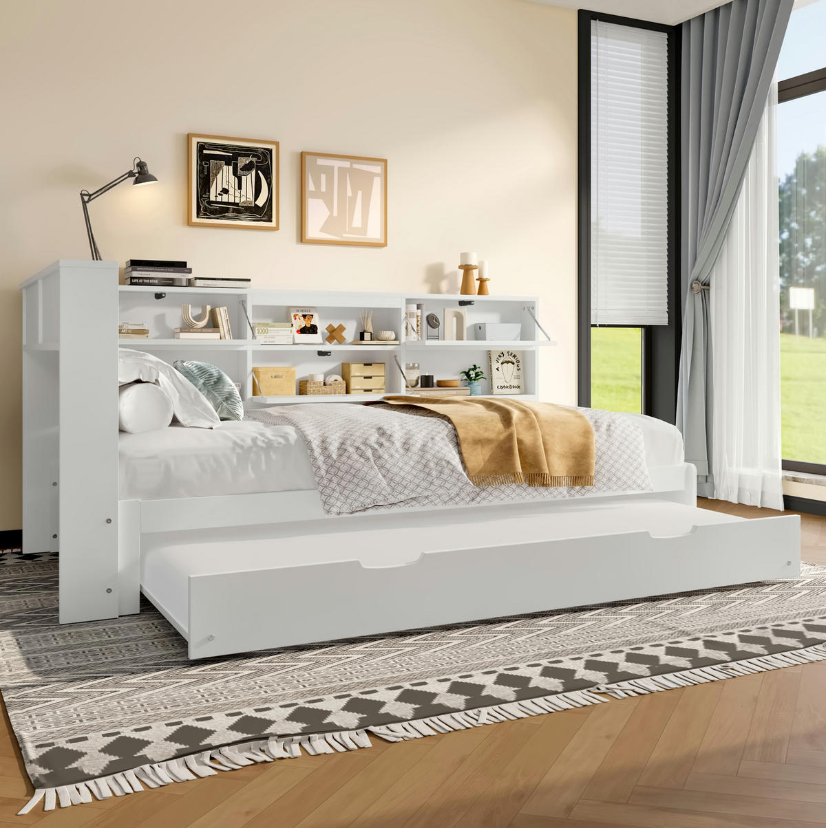 POLSTERBETT 90/200 cm mit Ausziehbett, Kopfteil mit Stauraum und USB-/Typ-C-Anschluss, Weiß - Weiß, Holz (90/200cm) - Redom
