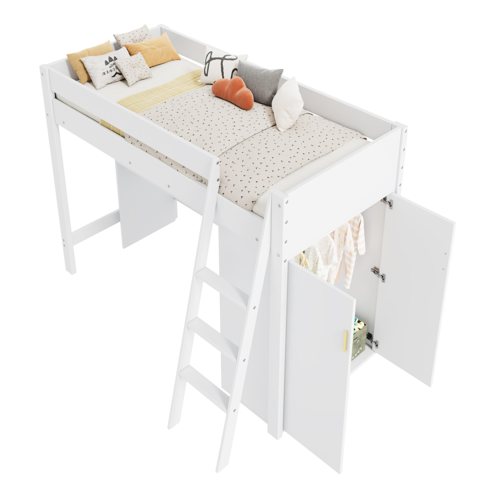 HOCHBETT 90/200 cm in Weiß mit Schreibtisch und Kleiderschrank - Weiß, Holzwerkstoff (90/200cm) - Flora Grace
