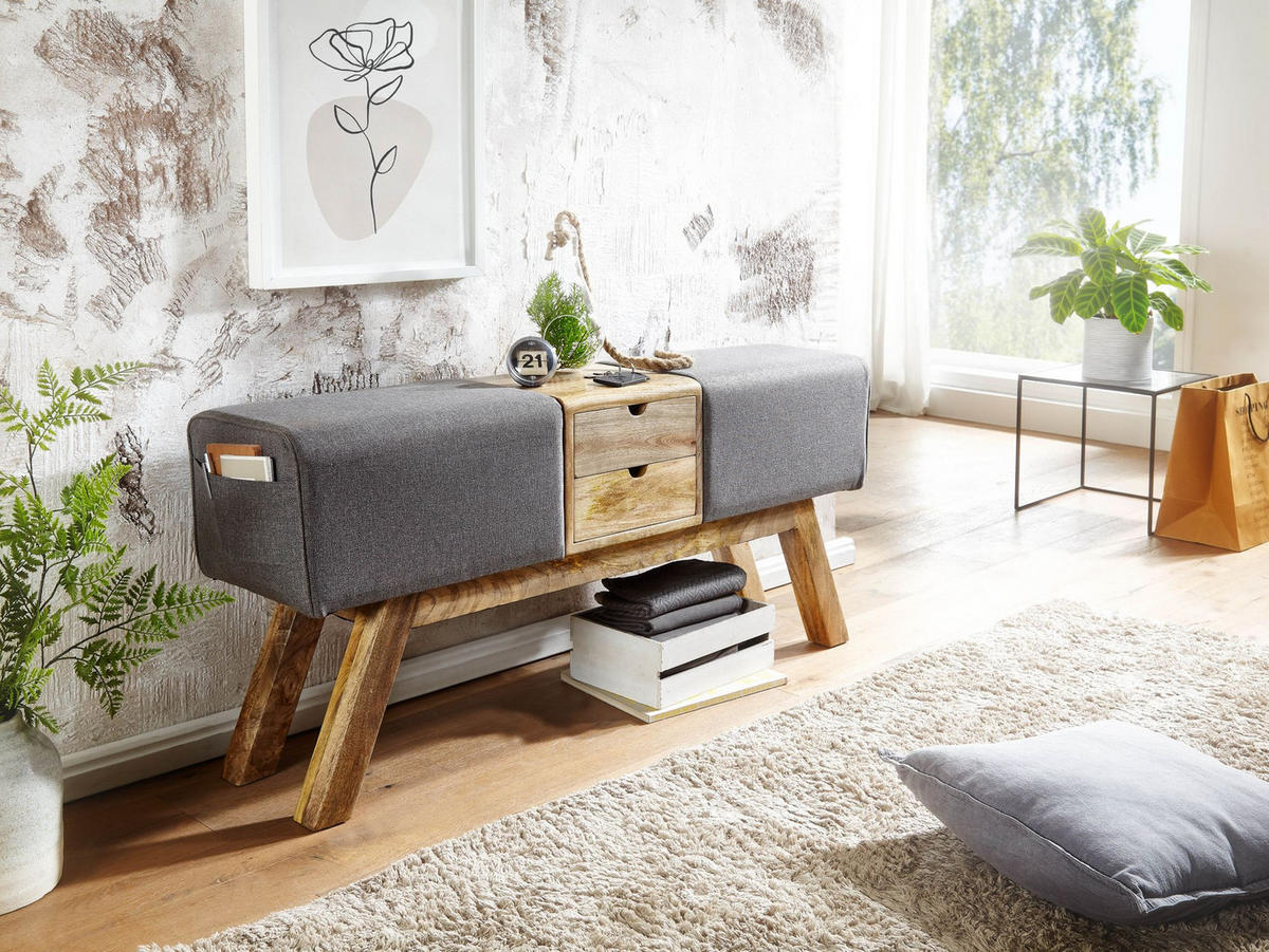 SITZBANK Massivholz Stoffbezug mit 2 Schubladen, Grau 120x30x56 cm - Braun/Grau, Mangoholz/Textil (120/56/30cm) - KADIMA DESIGN