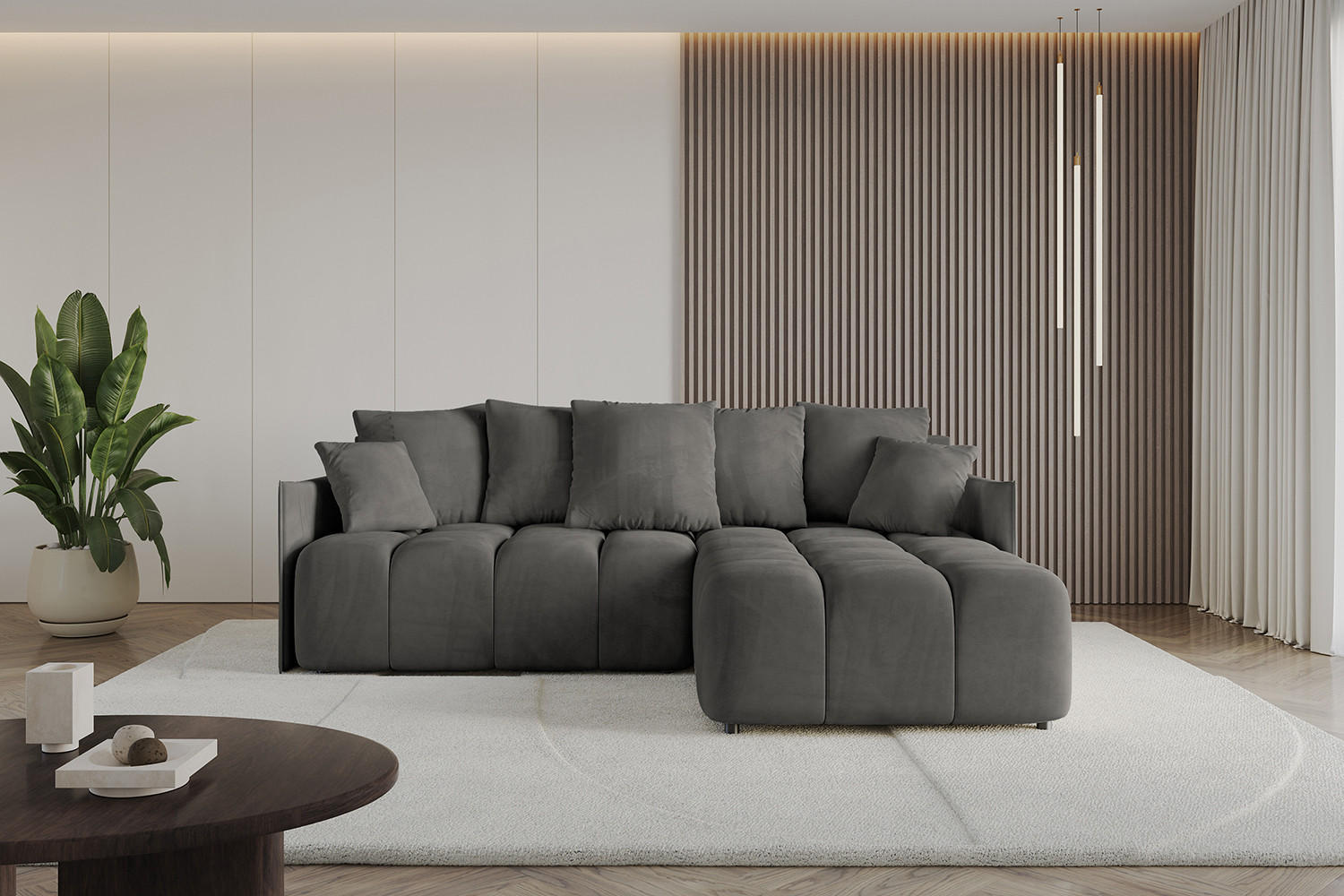 ECKSOFA Ottomane rechts LONLI-L 251x189x68 Anthrazit Velours - Anthrazit, Holzwerkstoff/Kunststoff (189/251cm) - ALTDECOR