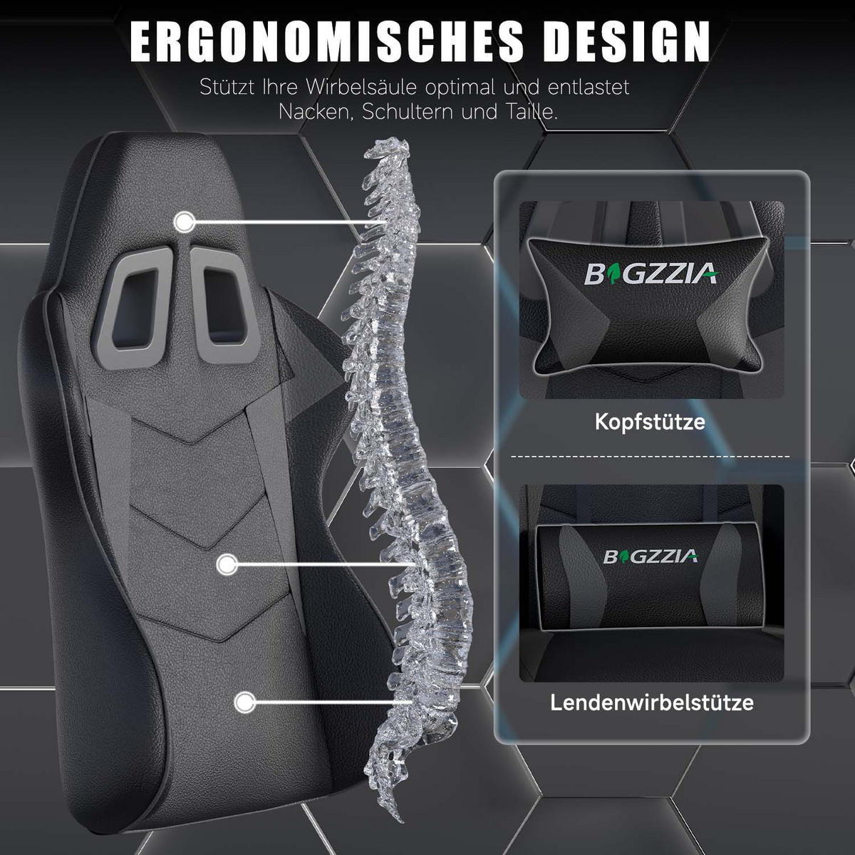 GAMINGSTUHL Schwarz-Grau ergonomisch - Grau, Leder (29/59/79cm) - Rattrix