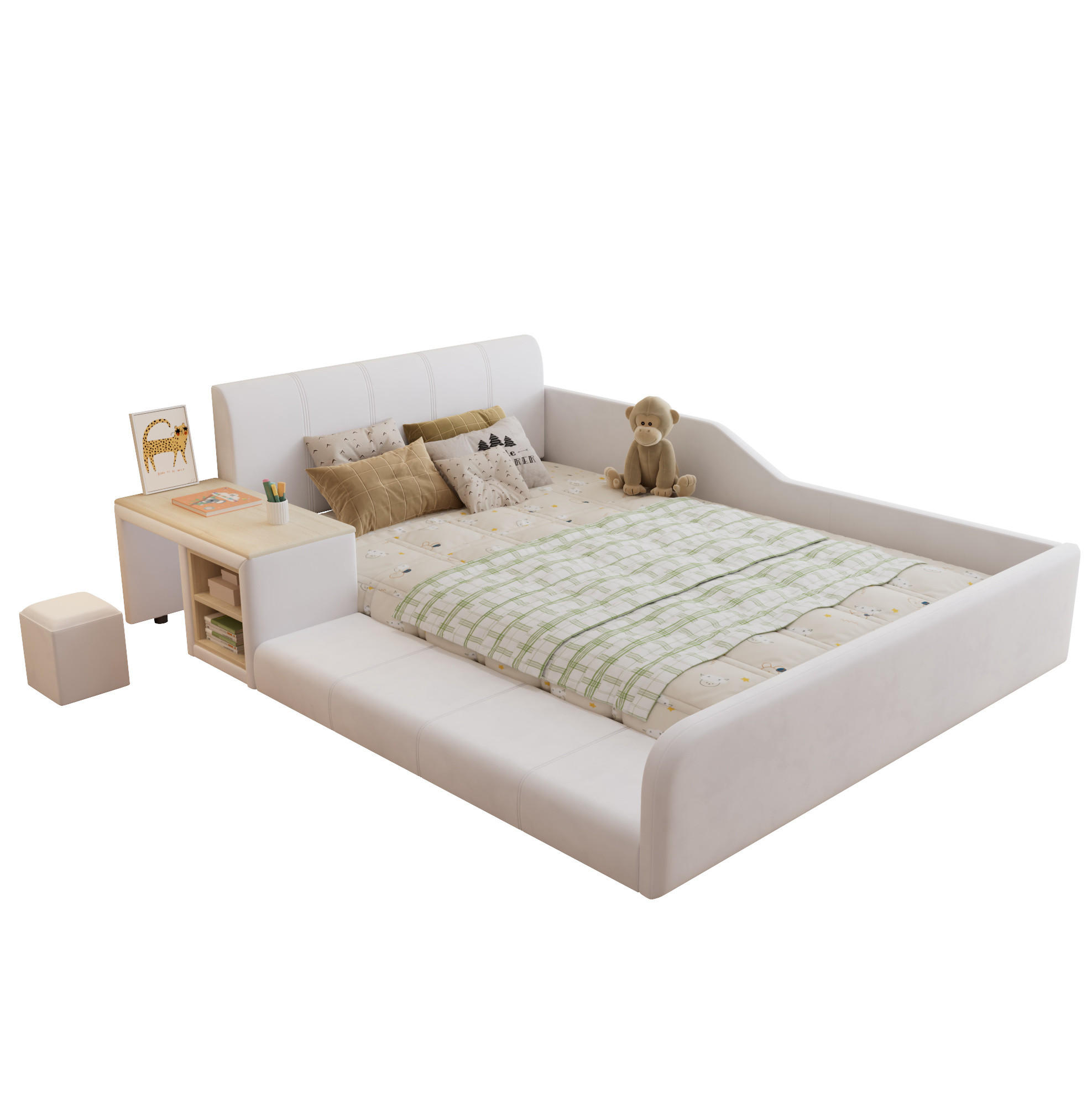 POLSTERBETT 140/200 cm Weiß aus Samt mit Schreibtisch und Hocker - Weiß, Textil (140/200cm) - OKWISH