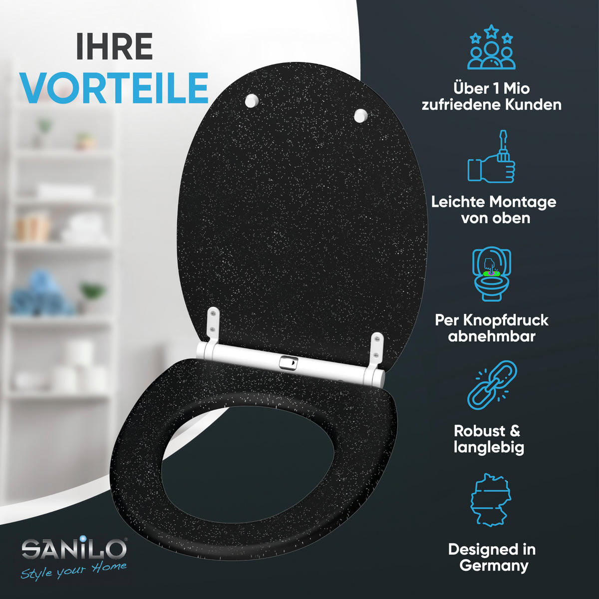 WC-SITZ mit Absenkautomatik & Top Fix Glitzer Schwarz - Schwarz, Holzwerkstoff (37.7/5.5/48cm) - Sanilo