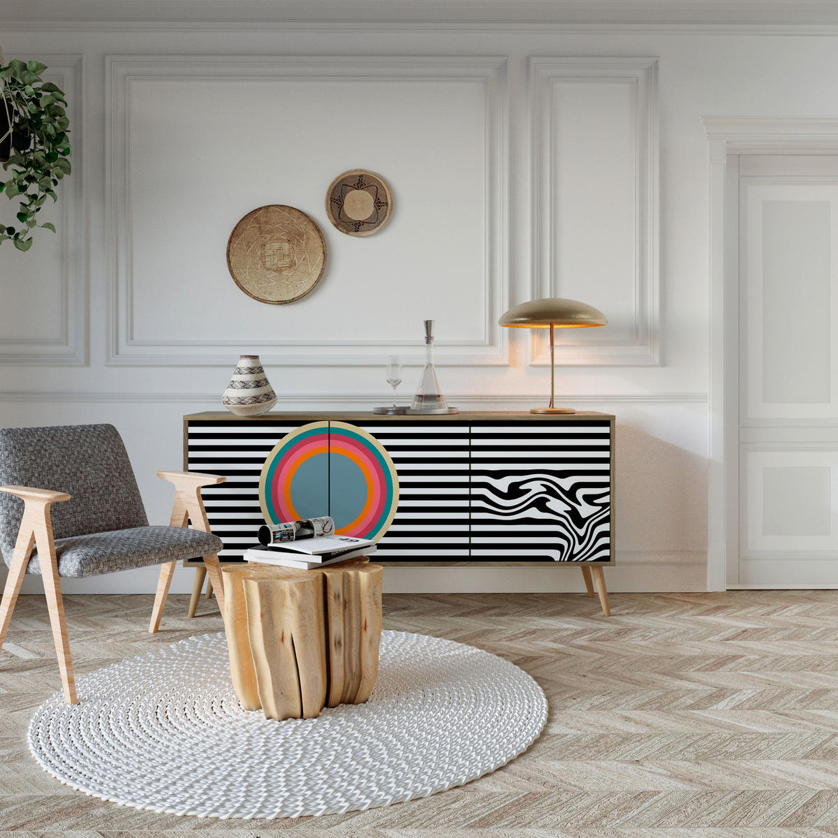 SIDEBOARD SPECTRA SHOWCASE, Graue Oberfläche, 164,5x42x75,5 cm, 3 Türen - Goldfarben/Grau, Holzwerkstoff/Metall (164.5/75.5/42cm) - SpaceRebels