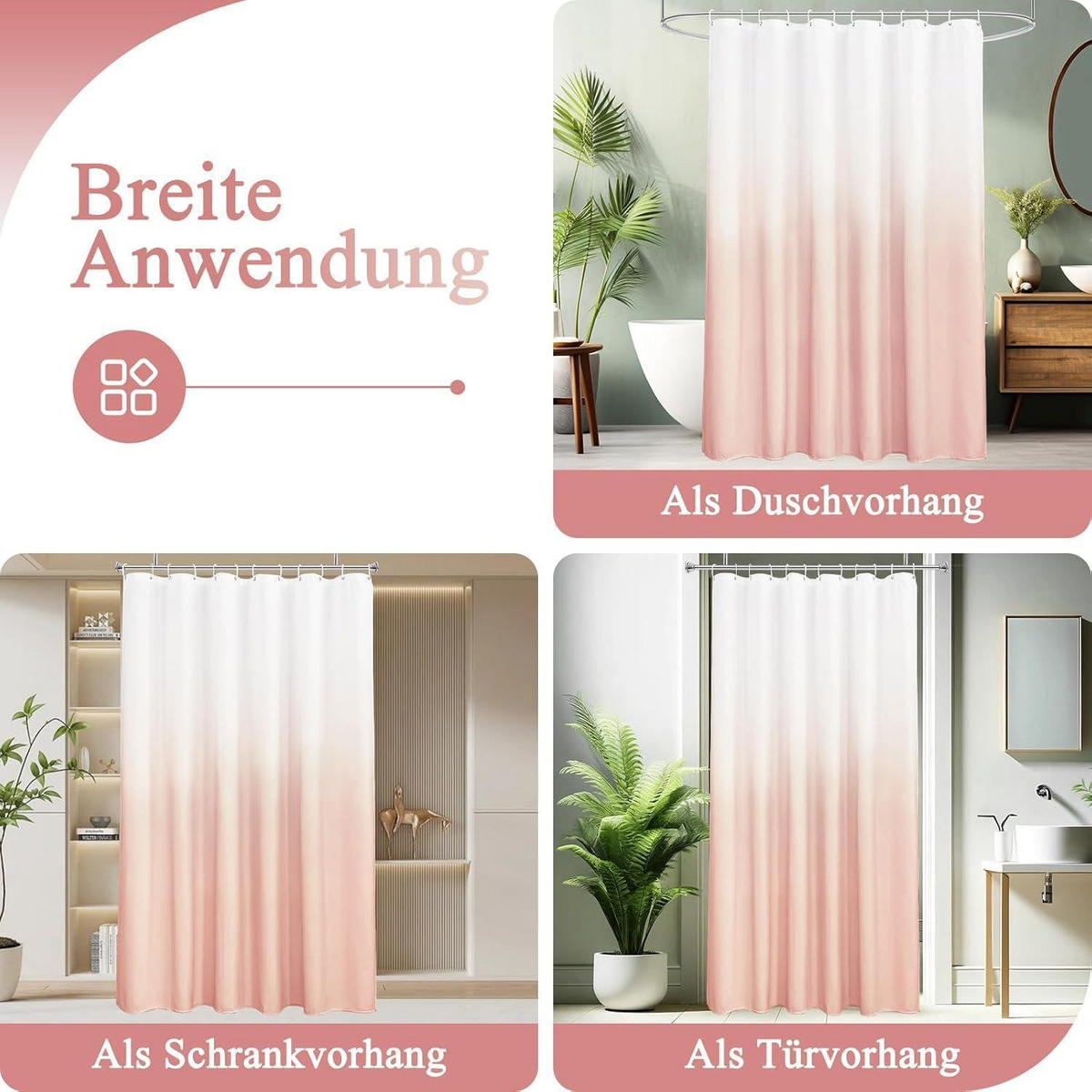 DUSCHVORHANG 180 x 200 cm Farbverlauf Rosa - Rosa, Textil (180/200cm)