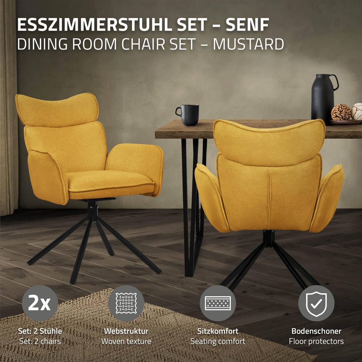 JÍDELNÍ ŽIDLE 2ks otočné hořčičné s látkovým potahem - černá/žlutá, kov/textil (63/89/68cm) - ML-DESIGN