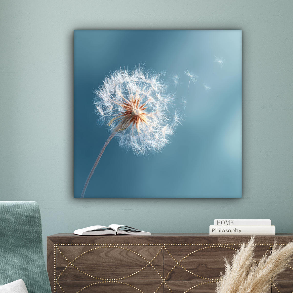 LEINWANDBILD Löwenzahn - Wind - Blau Deko Groß 90x90 cm - Blaugrau, Textil (90/90cm) - MuchoWow