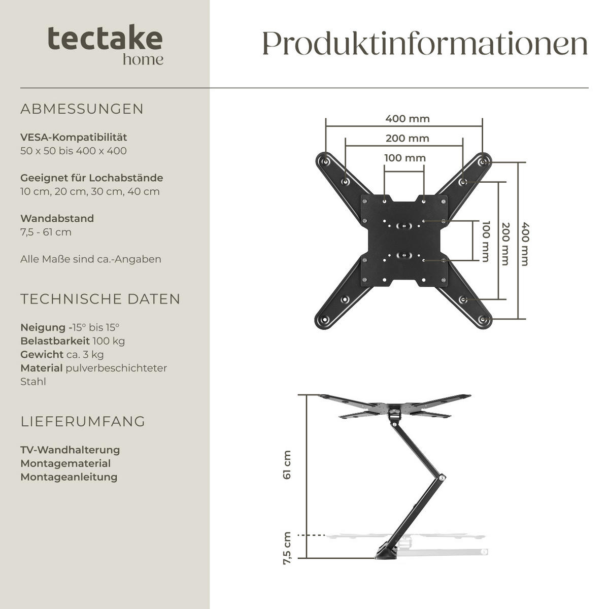 TV-WANDHALTERUNG, bis 100 kg,schwarz - Schwarz, Metall (41/41/61cm) - tectake