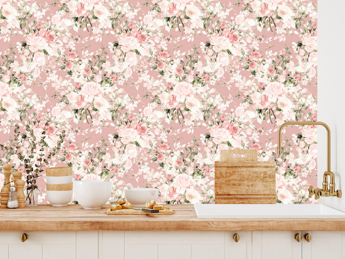 VLIESTAPETE Aquarellrosen im Vintage-Stil – Rosa, Weiß – 50x1000 cm - Rosa/Weiß, Papier (50/1000cm) - Muralo