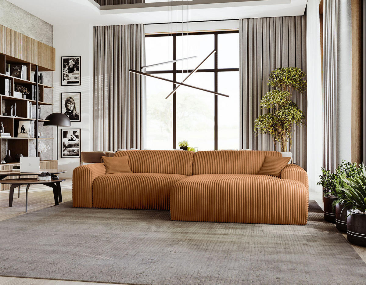 ECKSOFA mit Longchair - Cord - Schwarz/Braun, Kunststoff/Textil (284/178cm) - home24