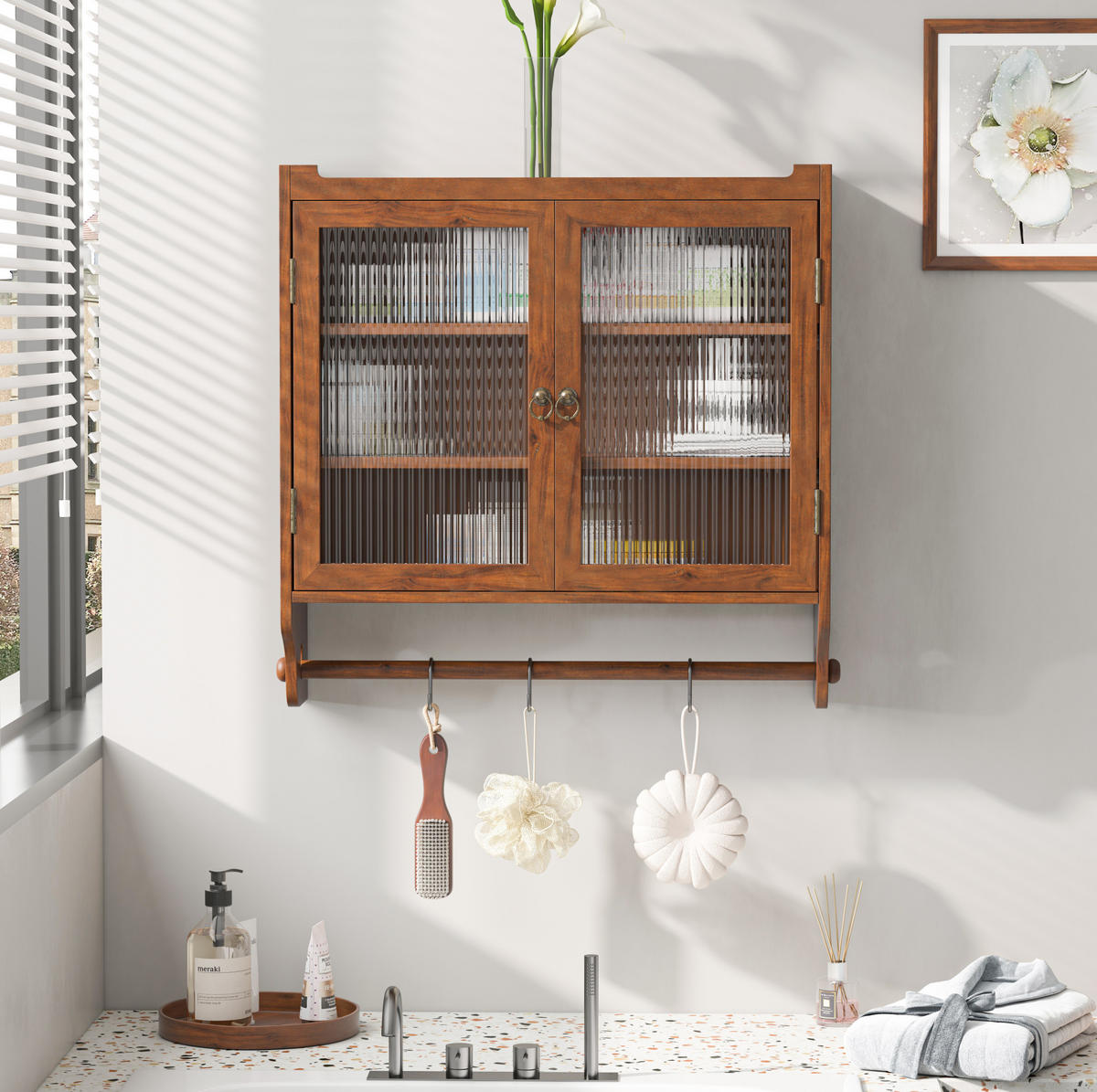 KÜCHENOBERSCHRANK 63/18/60 cm mit Glastüren, 3 Ablagen und Handtuchhalter aus Massivholz/MDF, Braun - Braun, Holzwerkstoff (63/60/18cm) - Redom