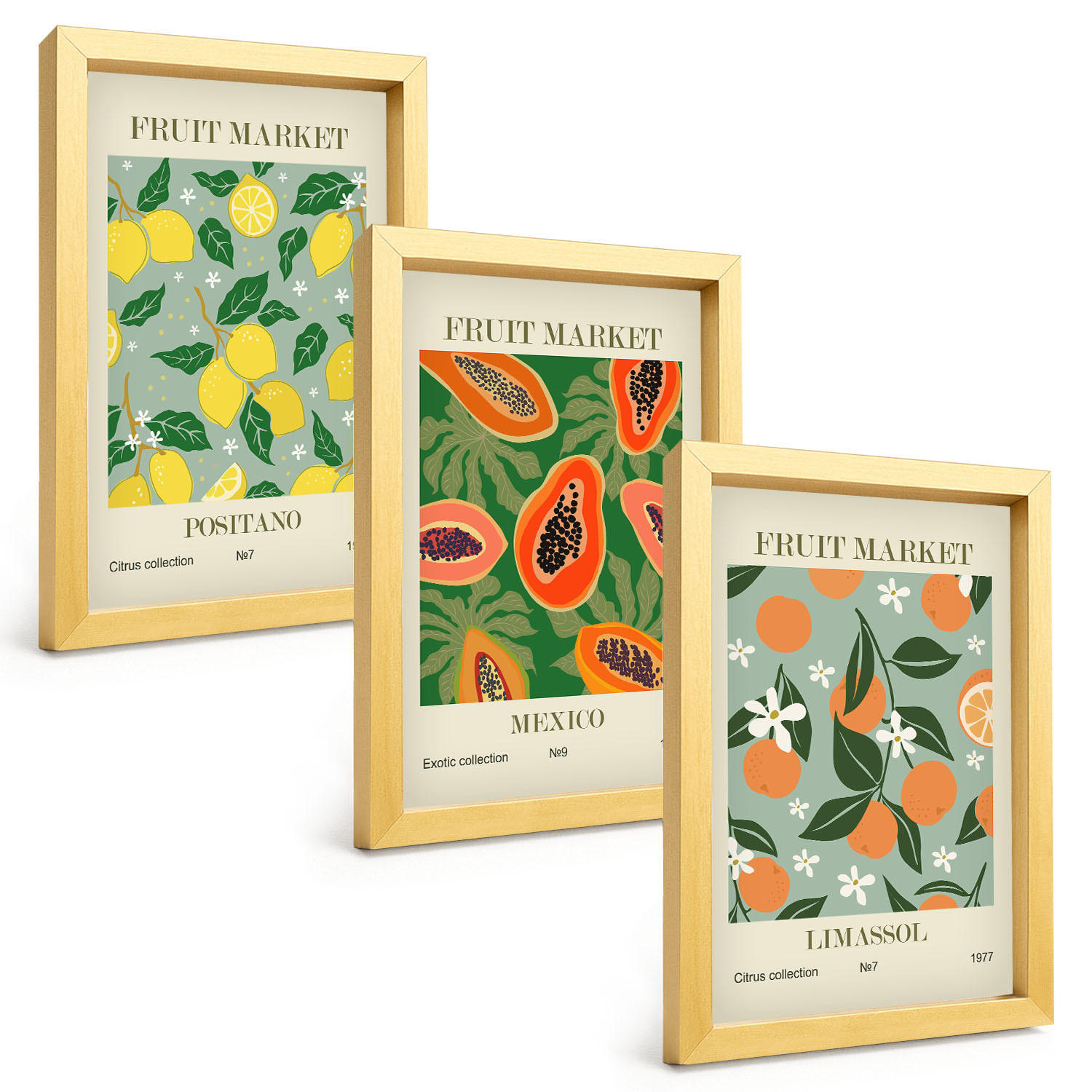 BILDER SET 3er Set - 20x30 cm Goldrahmen - Fruchtposter Zitronen Papayas - Goldfarben, Kunststoff (20/30cm) - TULUP