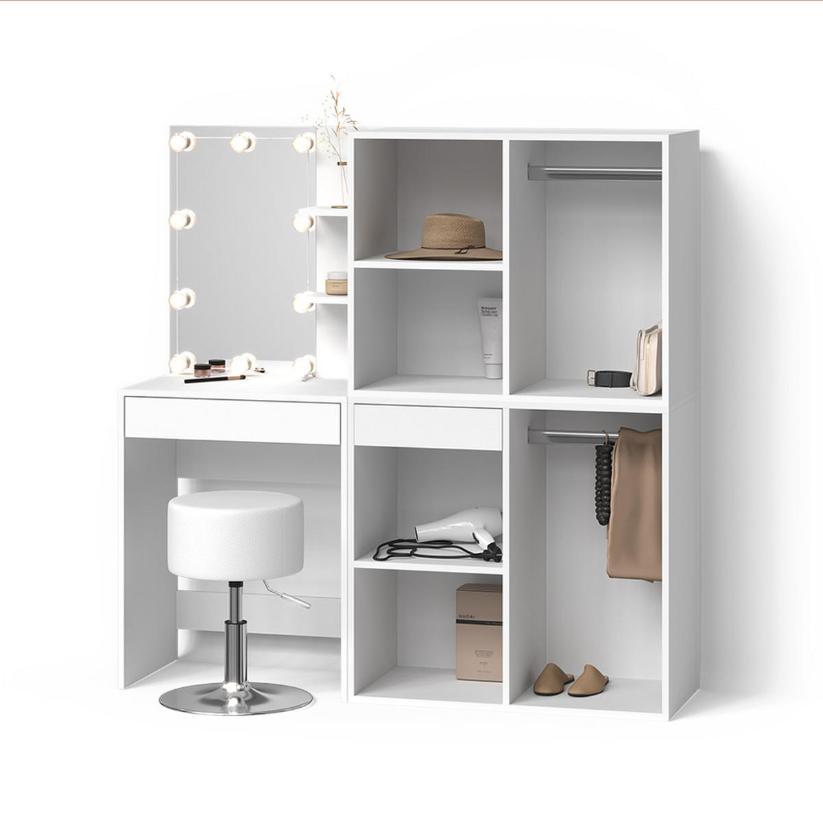 SCHMINKTISCH Nola Weiß mit LED, Hocker und Schränken - Weiß, Holzwerkstoff (140/140/40cm) - Livinity®
