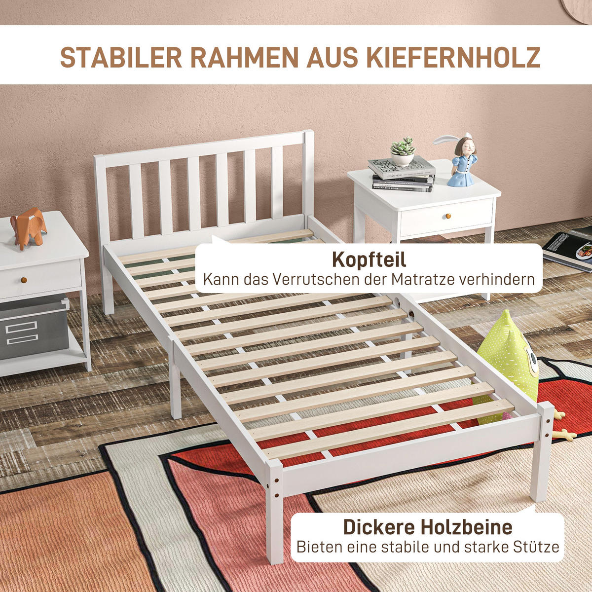 BETTRAHMEN mit Lattenrost, 208 x 96 cm, Kopfteil, Einzelbettgestell, Weiß - Weiß, Holz - HOMCOM