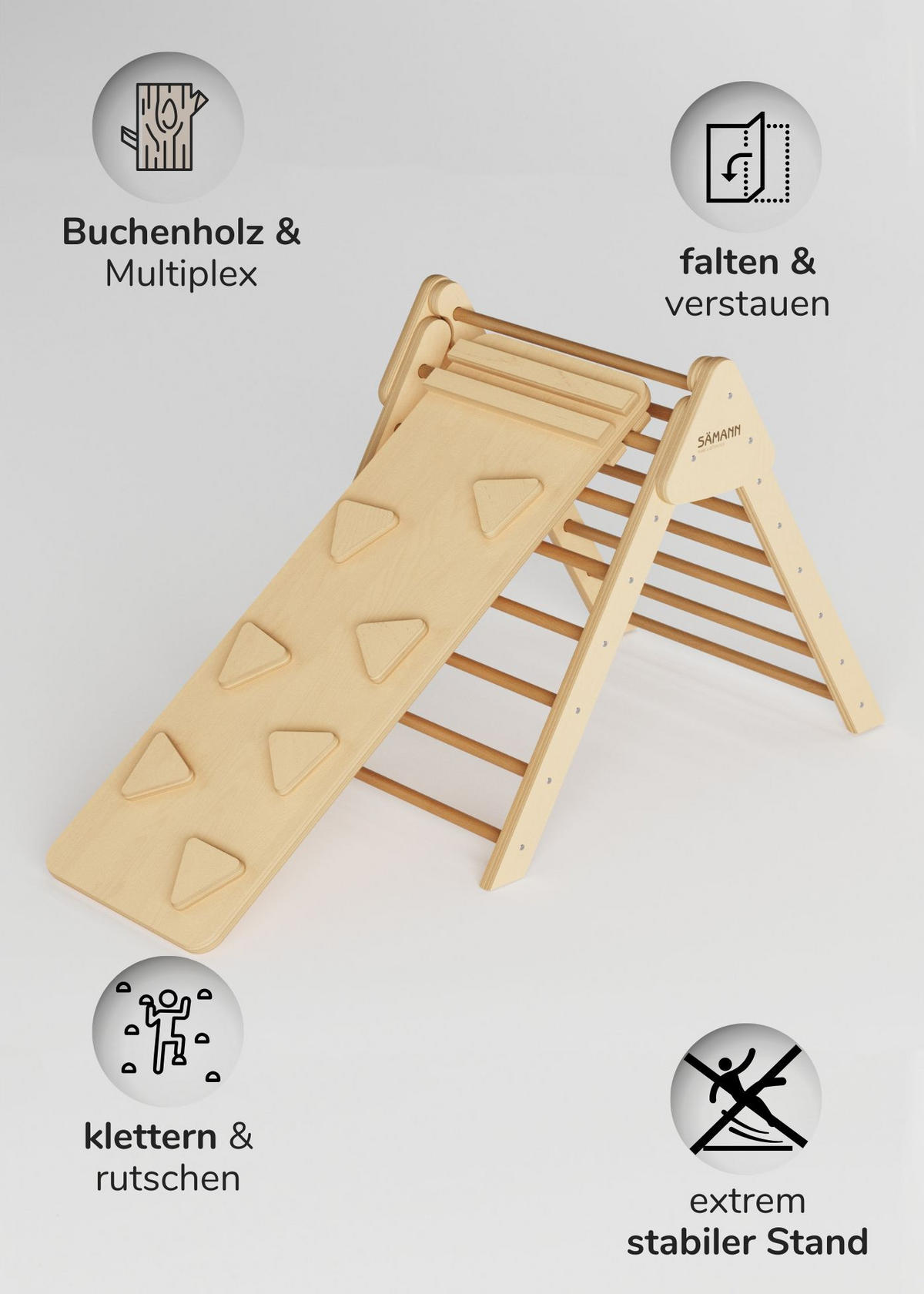 KLETTERDREIECK Pikler 2 in 1 Set mit Rutsche, faltbar & höhenverstellbar - Naturfarben, Holz (73/74/93cm) - Sämann – make a difference.
