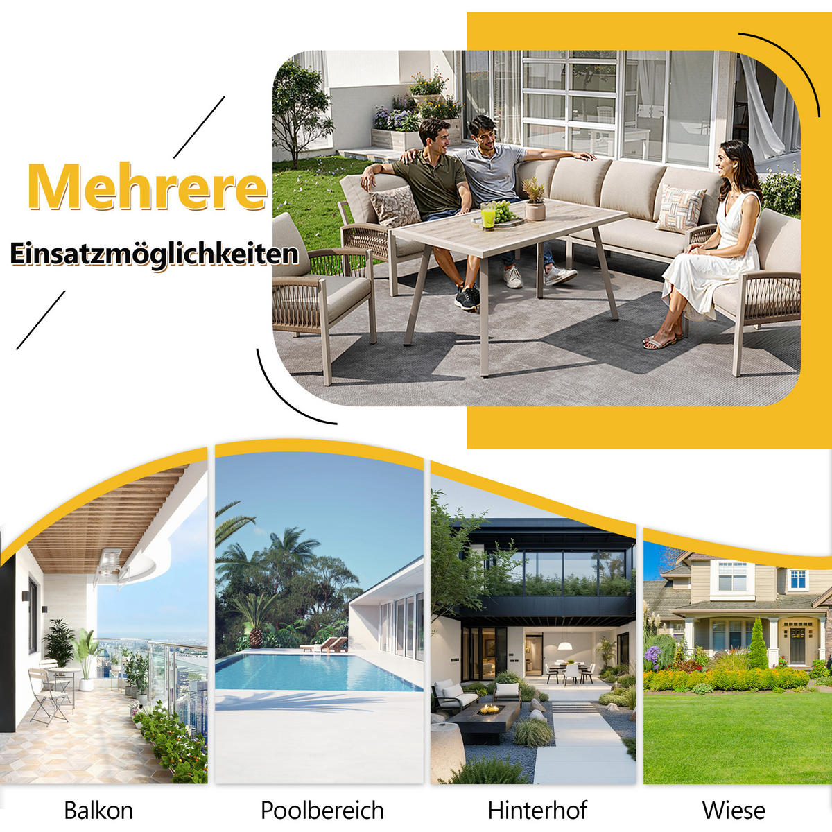 GARTENSET L-Form 8 Personen Beige Inkl. Tisch & 2 Sesseln - Beige, Metall - FLIEKS