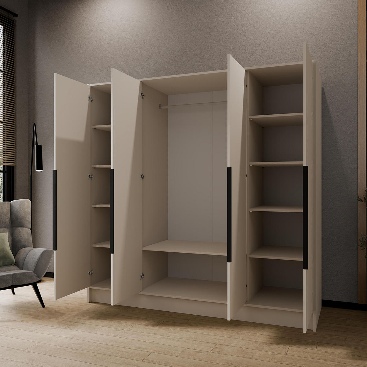 KLEIDERSCHRANK Mono Bis im Skandi-Stil, Drehtüren mit Schwarze Metallgriffe, Kaschmir 200/200/51 cm - Kaschmir, Holzwerkstoff (200/200/51cm) - WFL GROUP