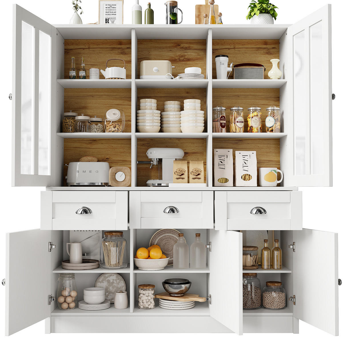 BUFFET 140/38,5/175 cm in Weiß mit Acrylfronten und Schubladen - Weiß, Holzwerkstoff (140/175/38.5cm) - Flora Grace
