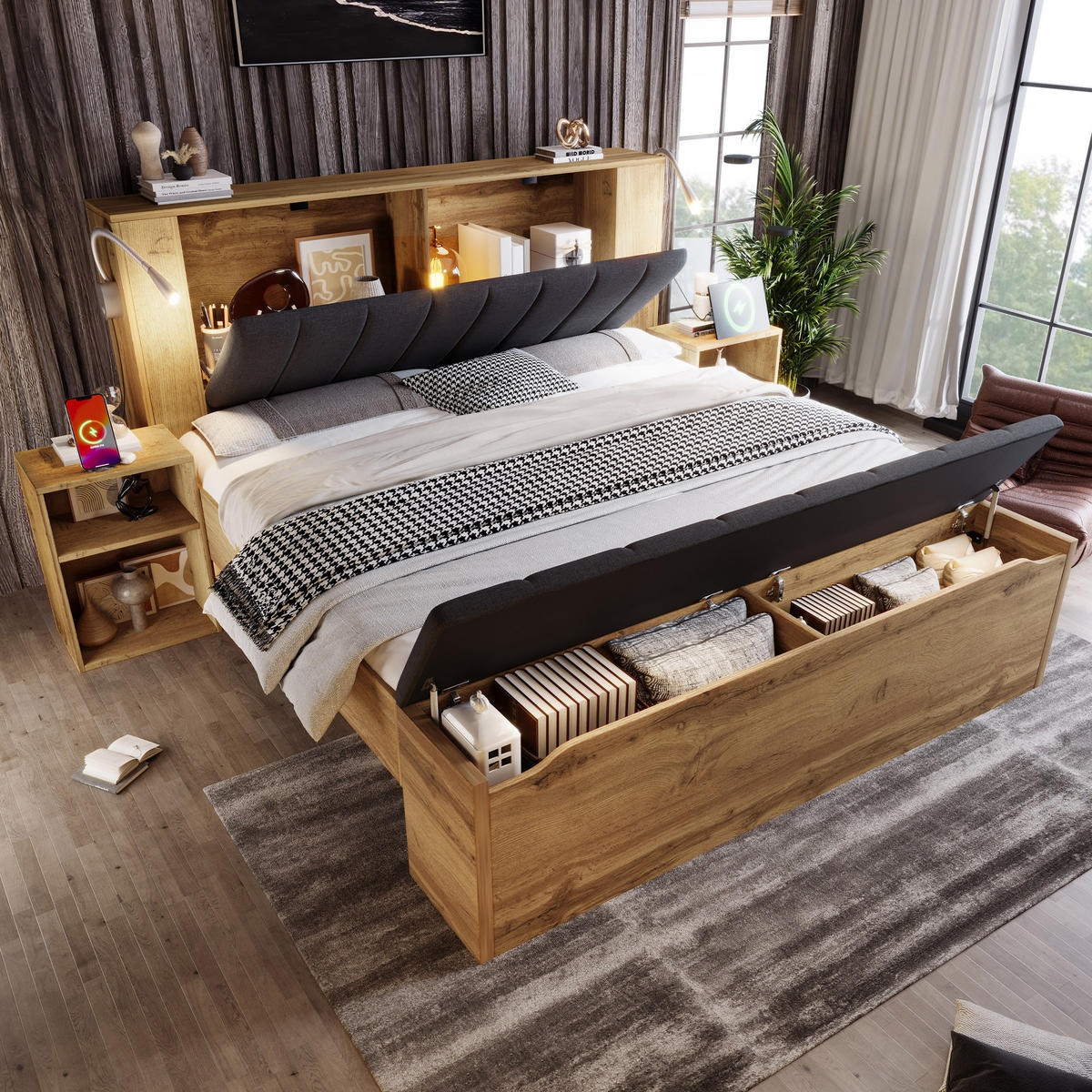 DOPPELBETT 160/200 cm mit Leselampen, USB, Nachttischen, Bettbank und Matratze, Eiche - Eichefarben, Holzwerkstoff (160/200cm) - Redom