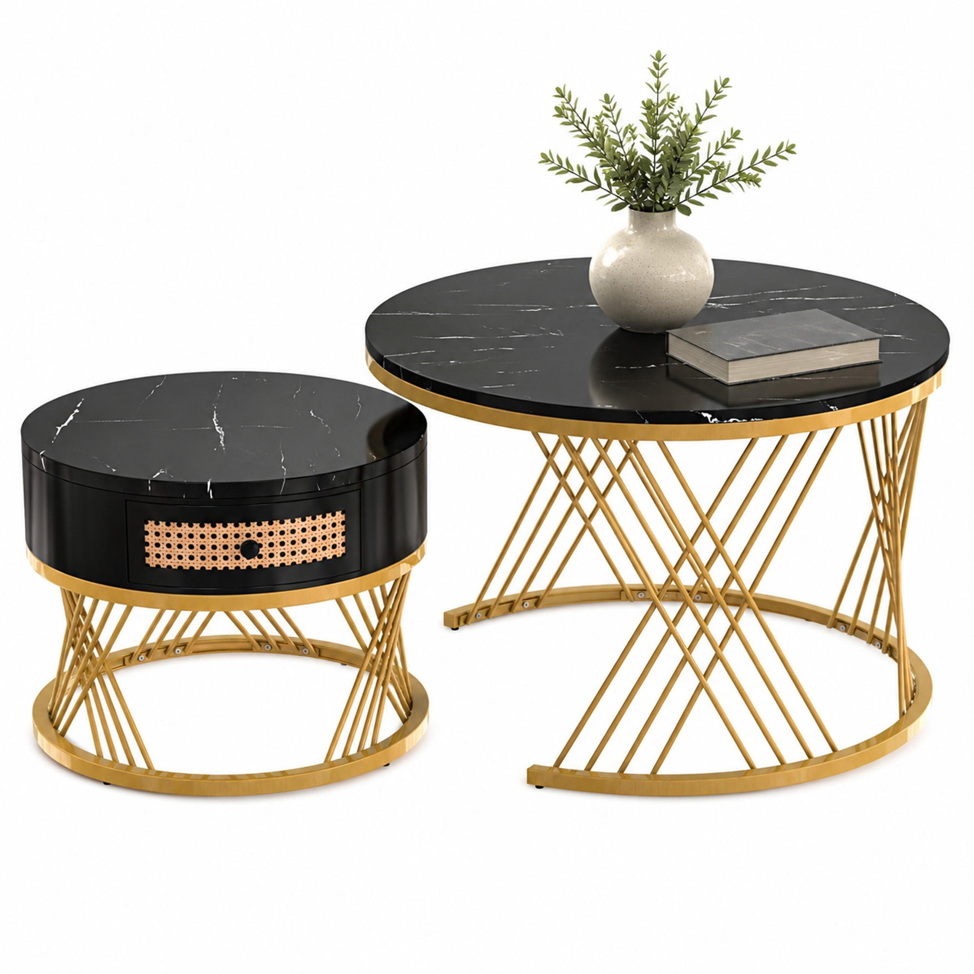 COUCHTISCH-SET aus MDF 70x70x45,5 cm Schwarz/Gold mit Schublade und Marmormuster - Schwarz, Holzwerkstoff (70/70/45.5cm) - IVMEU