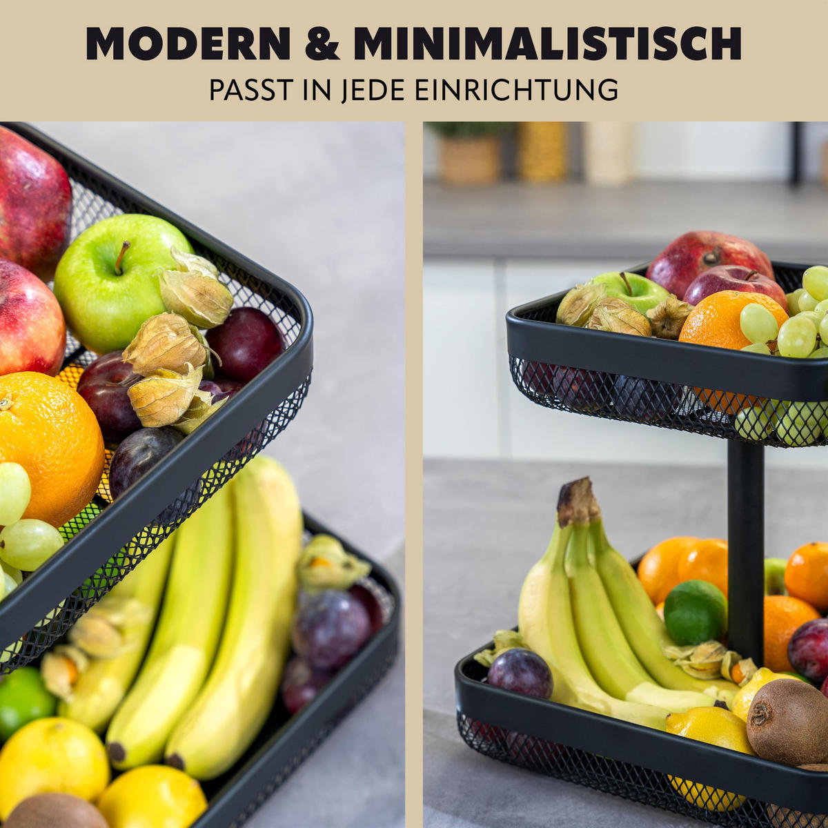 OBSTETAGERE 2-STÖCKIG eckig Metall schwarz - Schwarz, Metall (30/31cm) - eluno