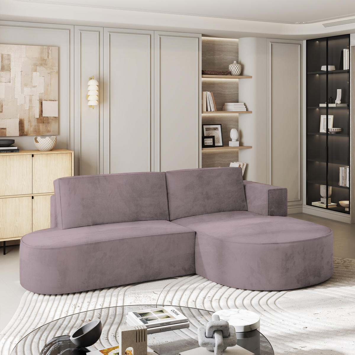 ECKSOFA CORTIO M R-S Lila Velours-Stoff mit Schlaffunktion - Lila, Holz (265/174cm) - MASSENO