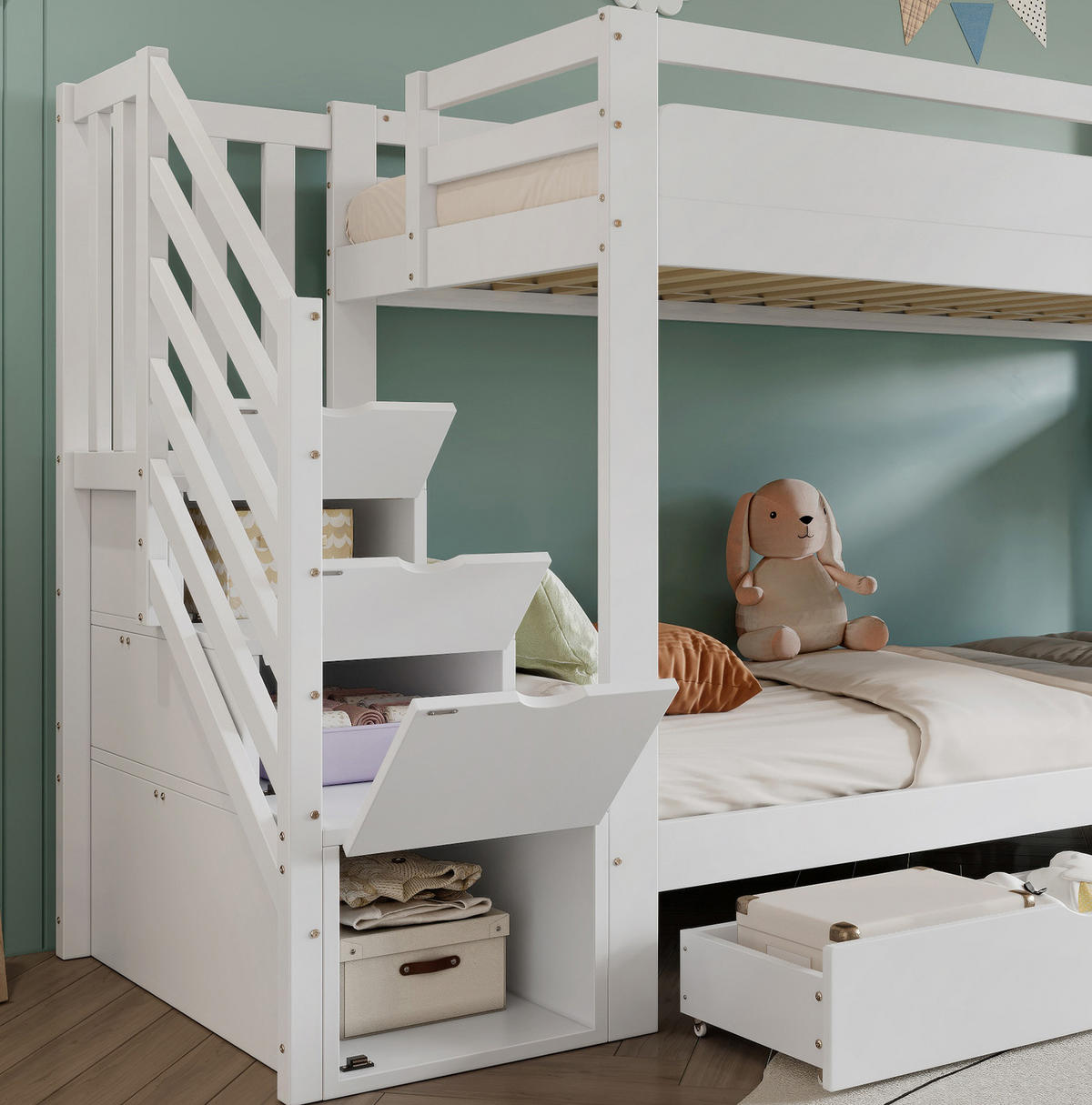 POSCHODOVÁ posteľ 90/200 cm biela so šmykľavkou, schodmi s úložným priestorom a zásuvkami z borovice a MDF - biela, drevo (90/200cm) - OKWISH