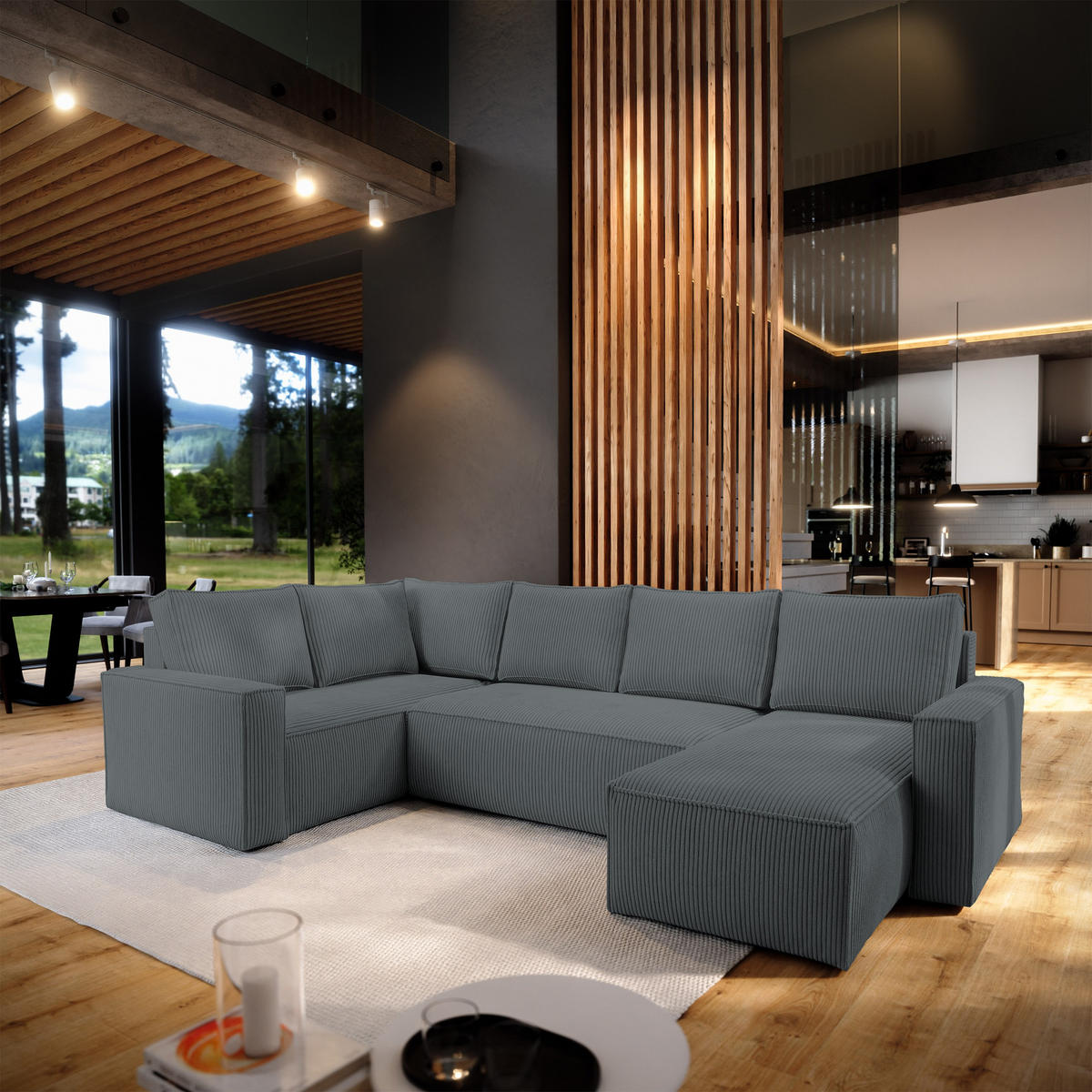 WOHNLANDSCHAFT NORENA L-S Grau Kordstoff mit Schlaffunktion - Grau, Holz (295/85/157.5cm) - MASSENO
