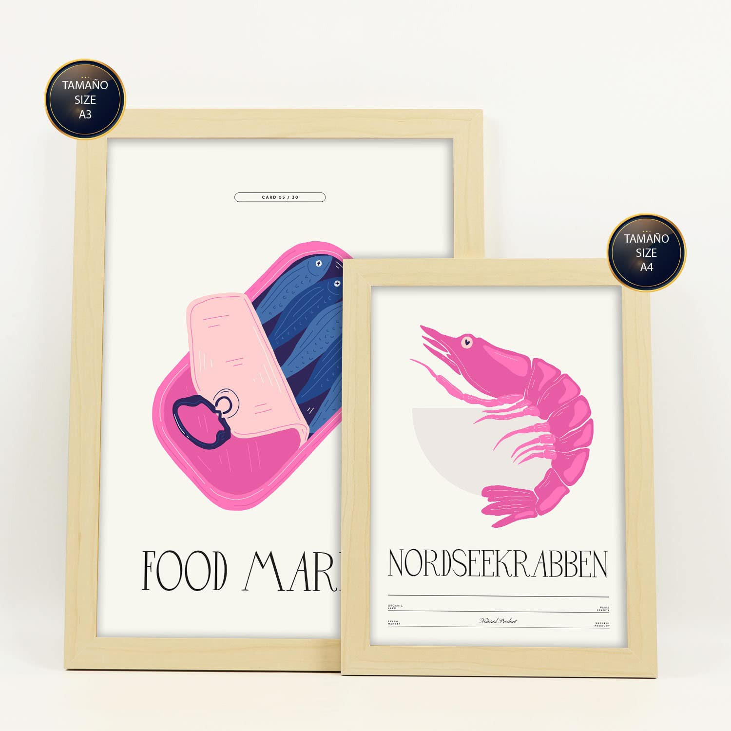 POSTER Set Mit 6 Lebensmittel Und Ernährungs Markt Am Meer Natur Und Botanikdrucke Für Innenarchitektur A3 & A4 Rahmen Aus Hellem Holz - Beige, Papier (29/3cm) - Nacnic