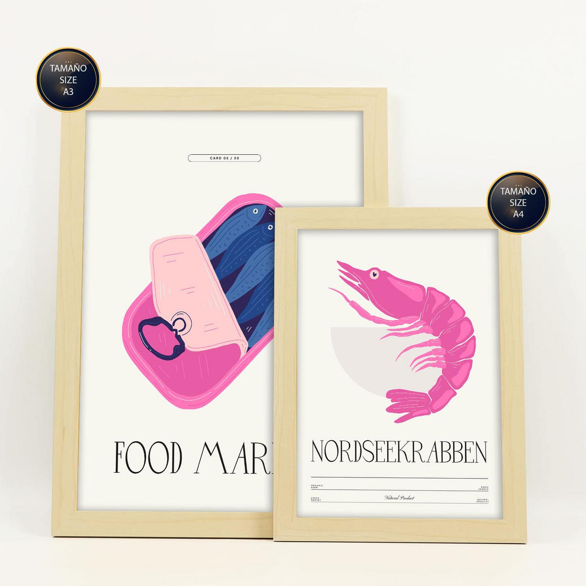 POSTER Set Mit 6 Lebensmittel Und Ernährungs Markt Am Meer Natur Und Botanikdrucke Für Innenarchitektur A3 & A4 Rahmen Aus Hellem Holz - Beige, Papier (29/3cm) - Nacnic