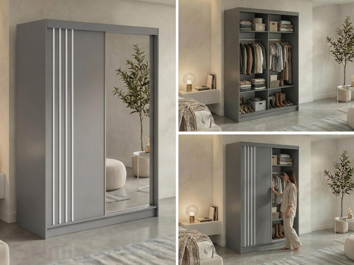 SCHWEBETÜRENSCHRANK mit Lamellen und Spiegel DIANA - 150 - Grau und Weiß - Alufarben/Weiß, Holzwerkstoff/Metall (150/216/61cm) - MKS