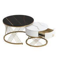KOMMODE, 2-teiliges Couchtisch-Set aus MDF in Marmor-Optik mit Goldakzenten, 70/70/45 + 50/50/40 cm, Weiß und Gold und Schwarz - Schwarz, Holzwerkstoff (70/70/45cm) - Redom